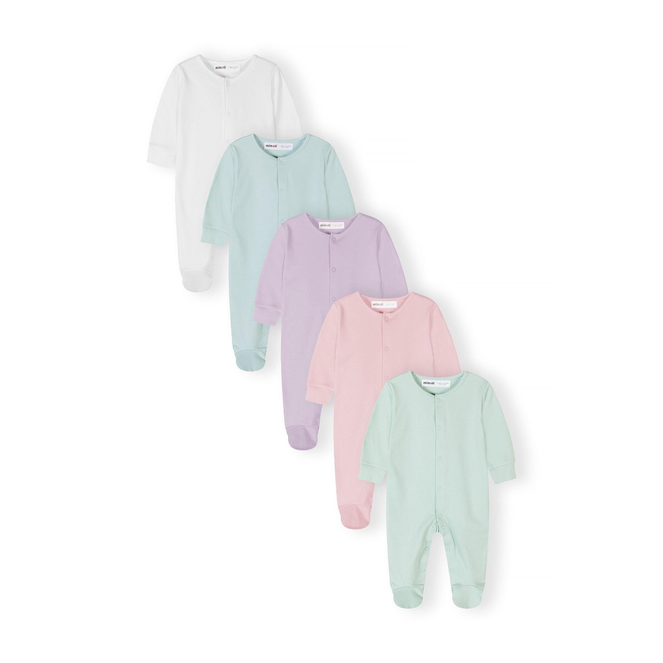 Five baby sleepsuits arranged in fan formation showing pastel colours - white, mint green, lilac, pink and light green with Minoti brand labels visible