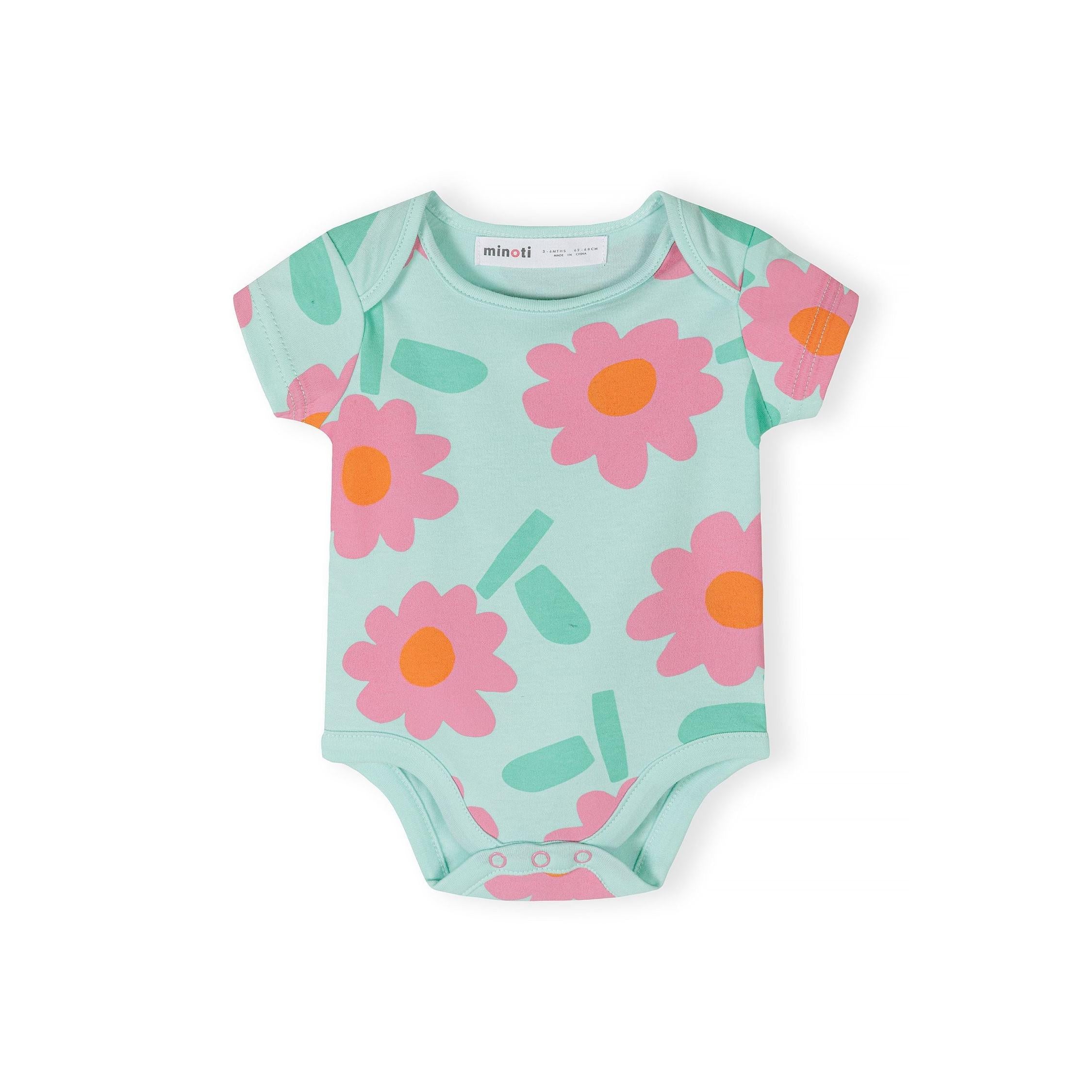 Single mint green bodysuit with large pink daisy flowers and orange centres, short sleeves and envelope neckline on white background