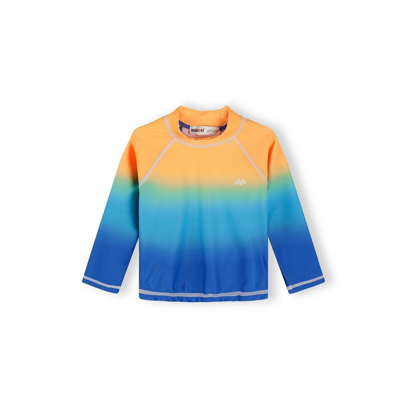Single orange to blue gradient long sleeve swim t-shirt laid flat on white background showing ombre color transition and raglan sleeves