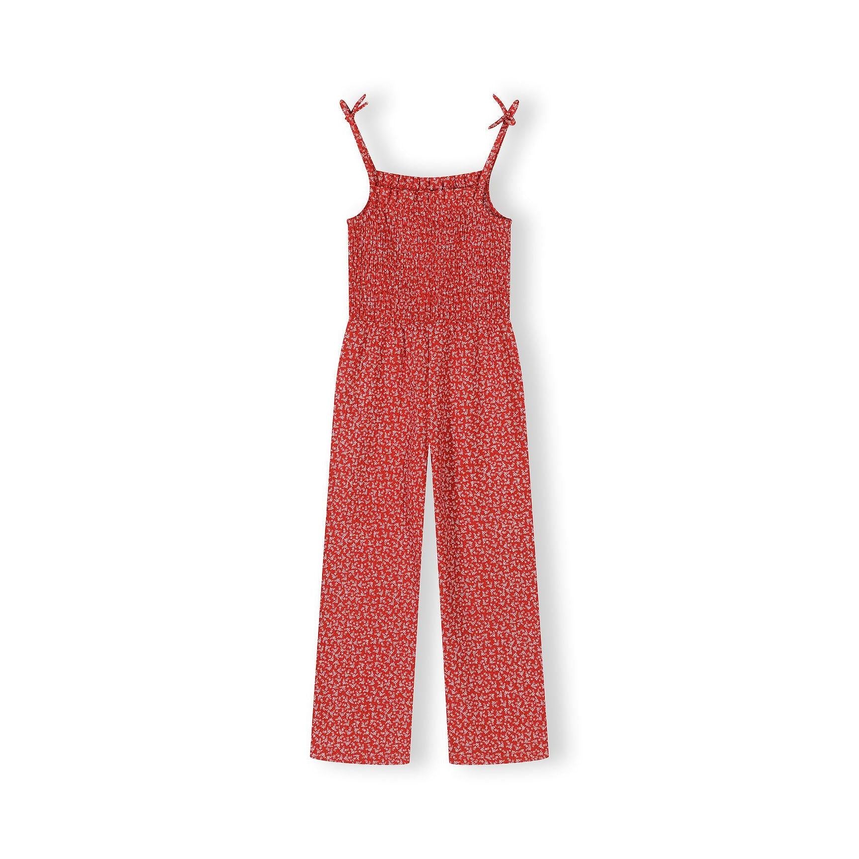 Red and white floral jumpsuit laid flat showing shirred bodice detail and tie shoulder straps on white background