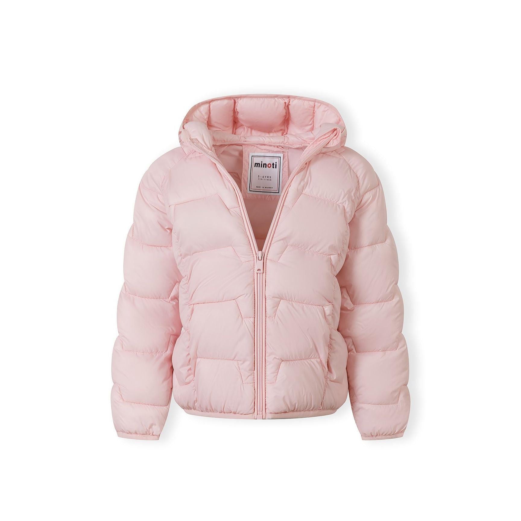 Close-up detail shot of pink quilted jacket showing padded texture, seam construction and soft pink tonal background