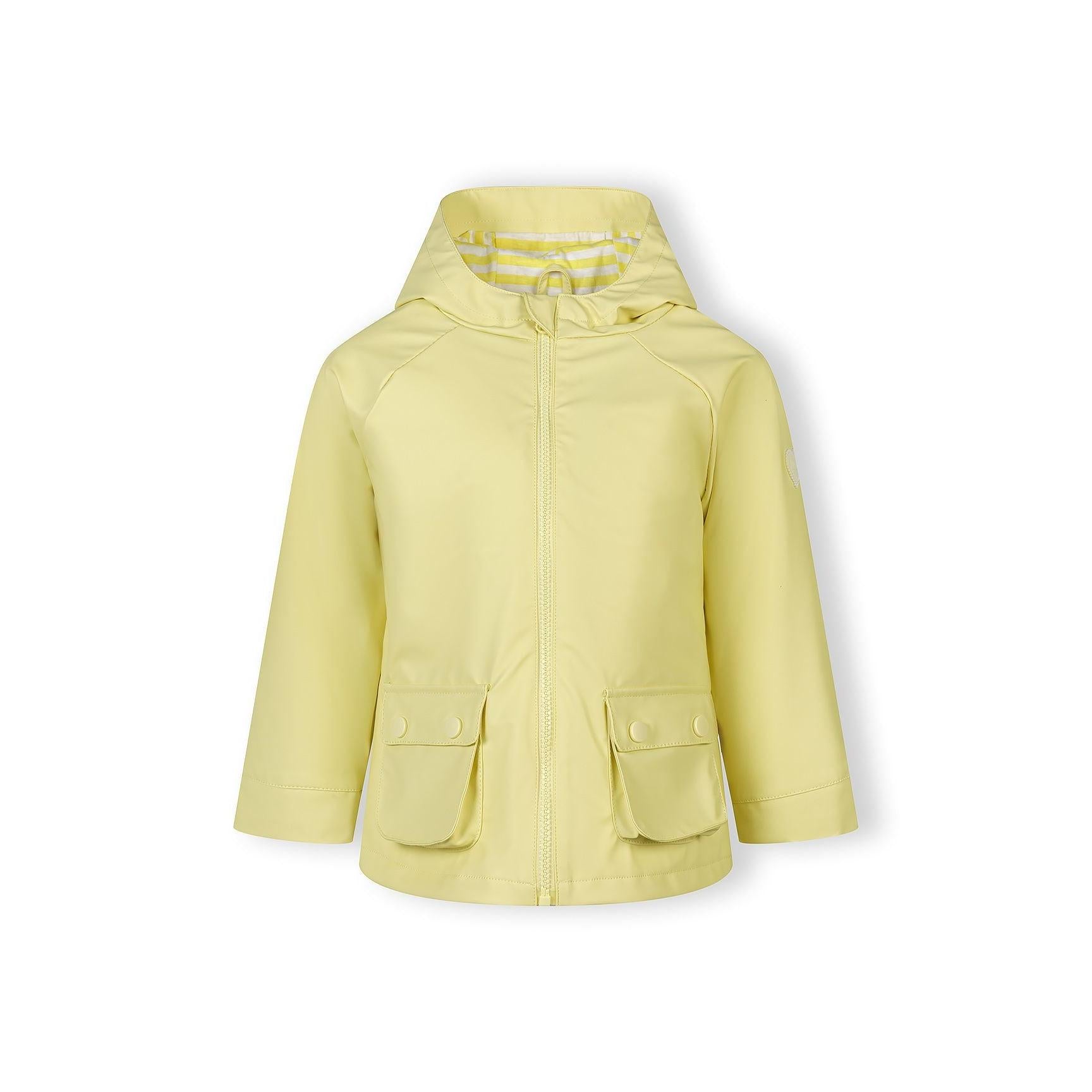 Flat lay of yellow rain jacket showing front view with hood, zip closure and two front pockets on white background