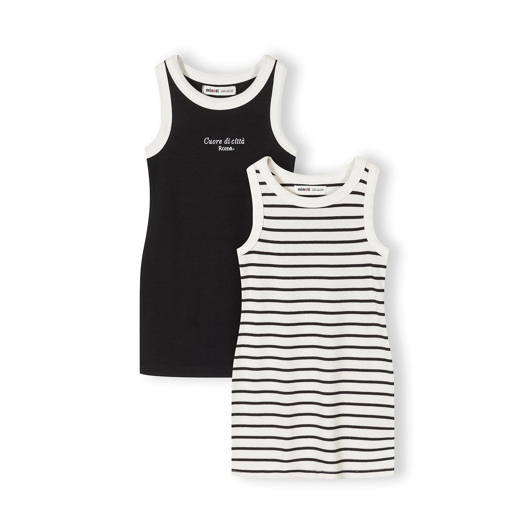 Two tank dresses displayed on white background - one solid black with white text reading 'Cuore di città Roma', one white with black horizontal stripes