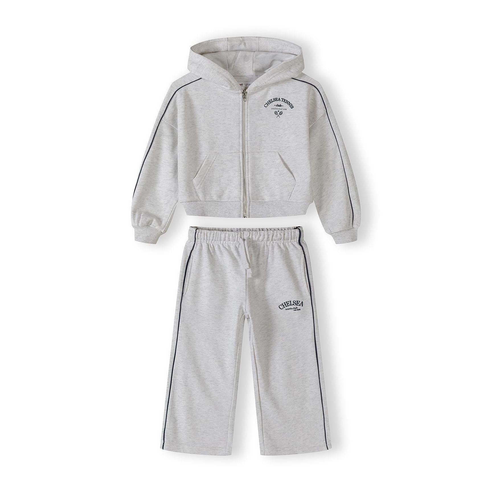 Back view of grey marl hooded zip-up jacket with black piping detail and hood laid flat on white background