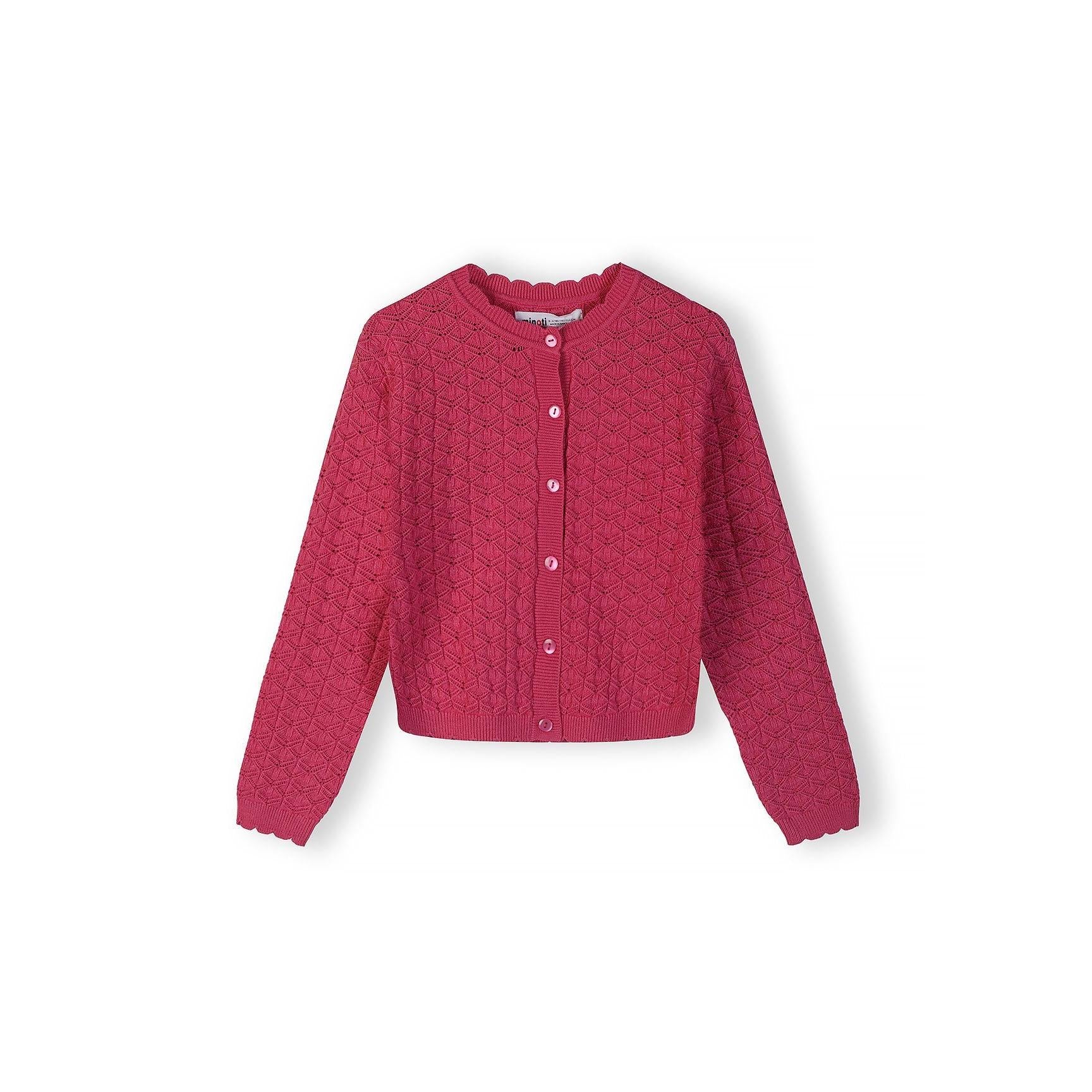 Pink diamond knit cardigan laid flat showing back view with intricate openwork pattern and ribbed collar