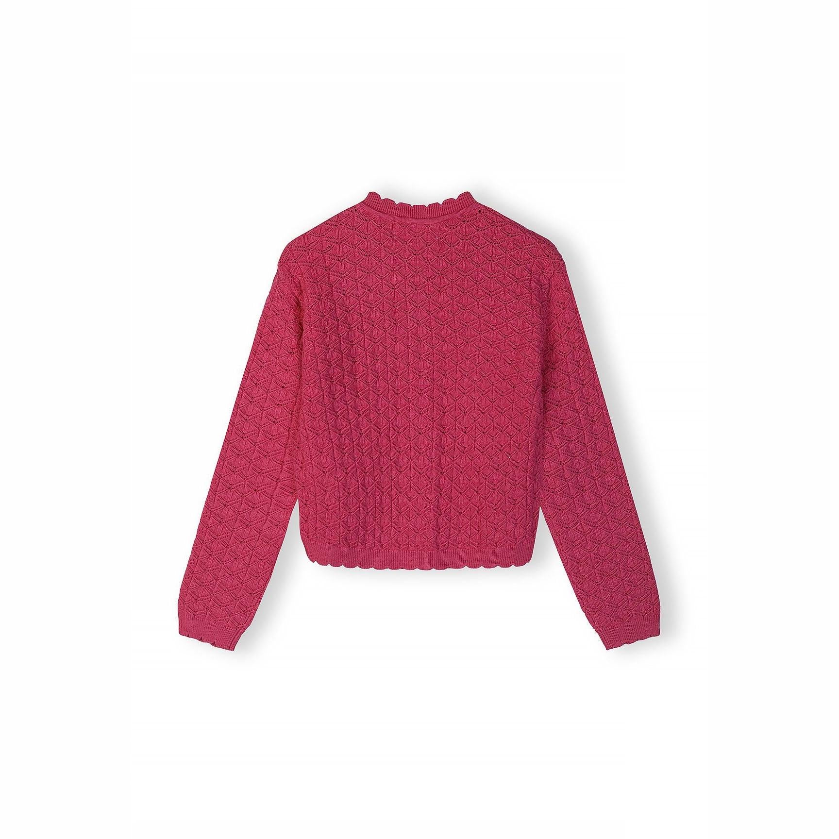 Pink diamond knit cardigan laid flat showing back view with intricate openwork pattern and ribbed collar