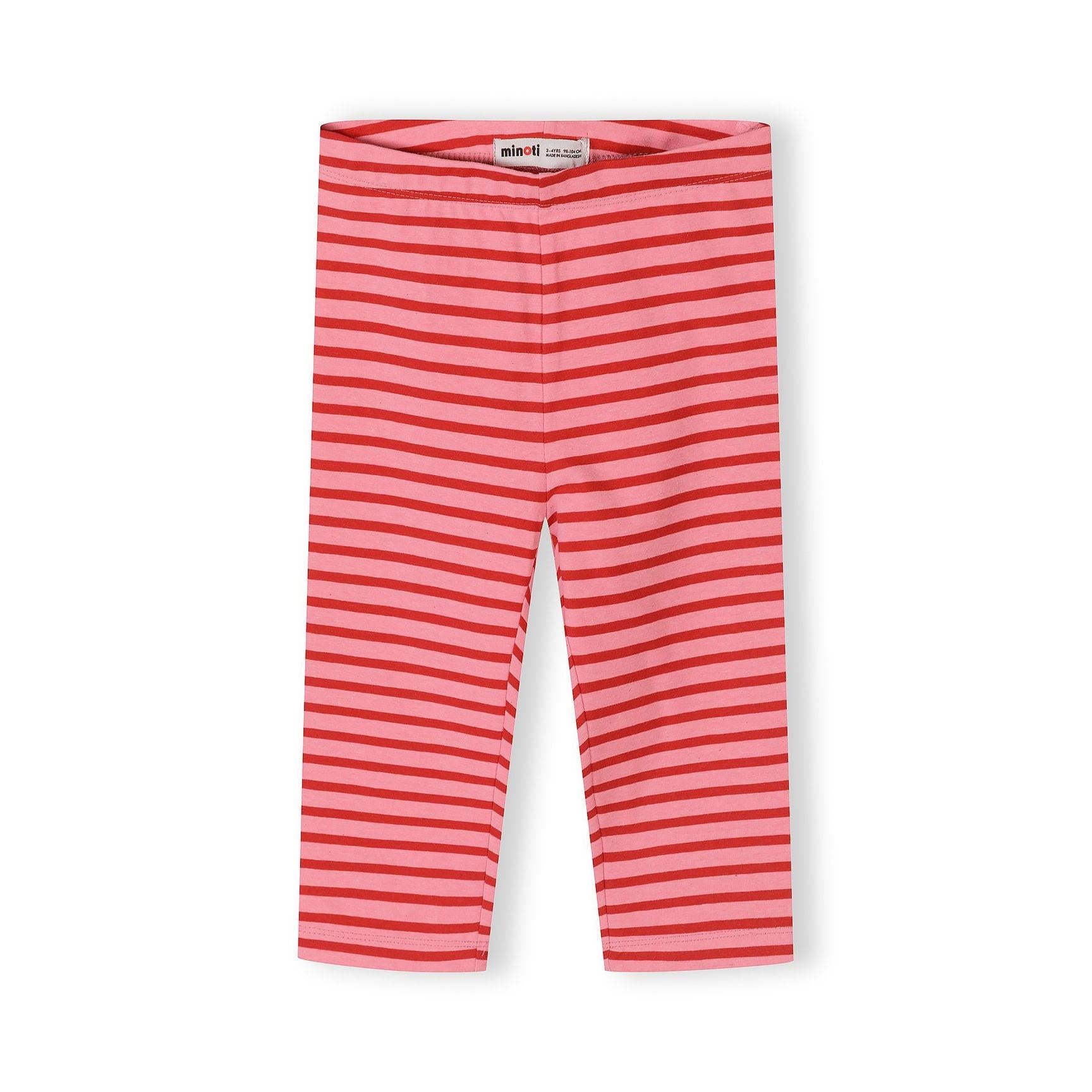 Single coral pink and red striped capri leggings laid flat on white background showing full length and Minoti label