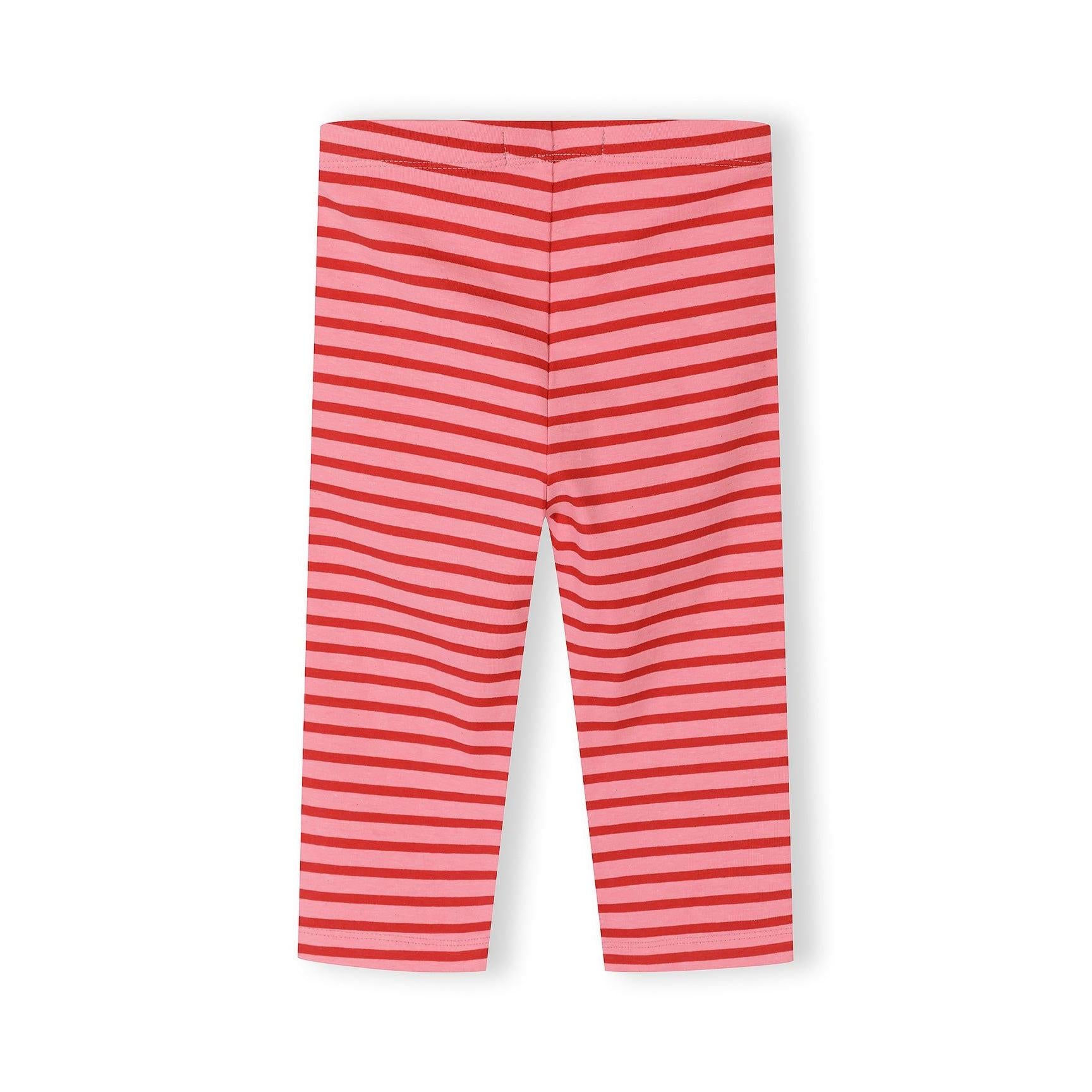 Close-up detail of coral pink and red striped capri leggings showing fabric texture and Minoti brand label at waistband