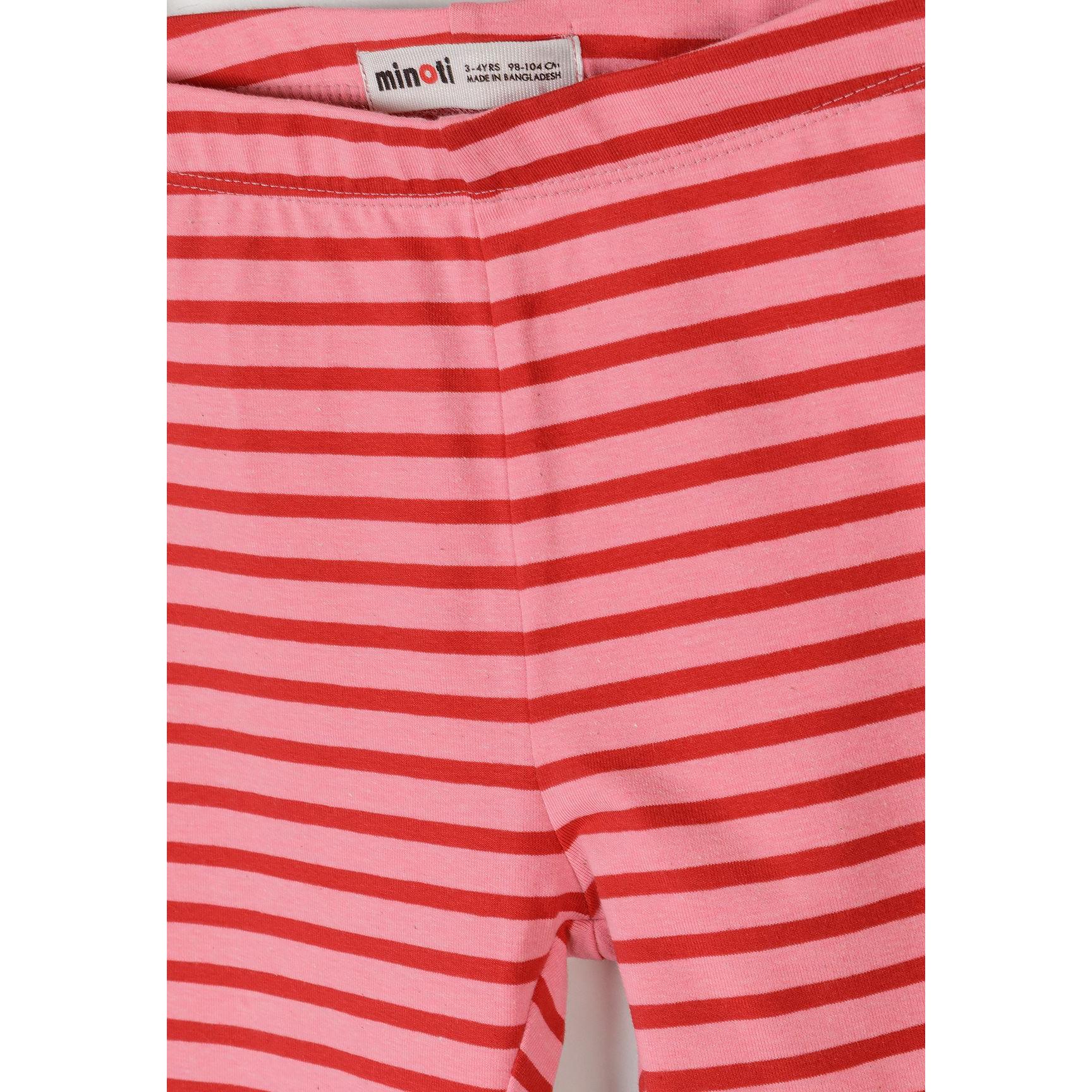 Close-up detail of coral pink and red striped capri leggings showing fabric texture and Minoti brand label at waistband