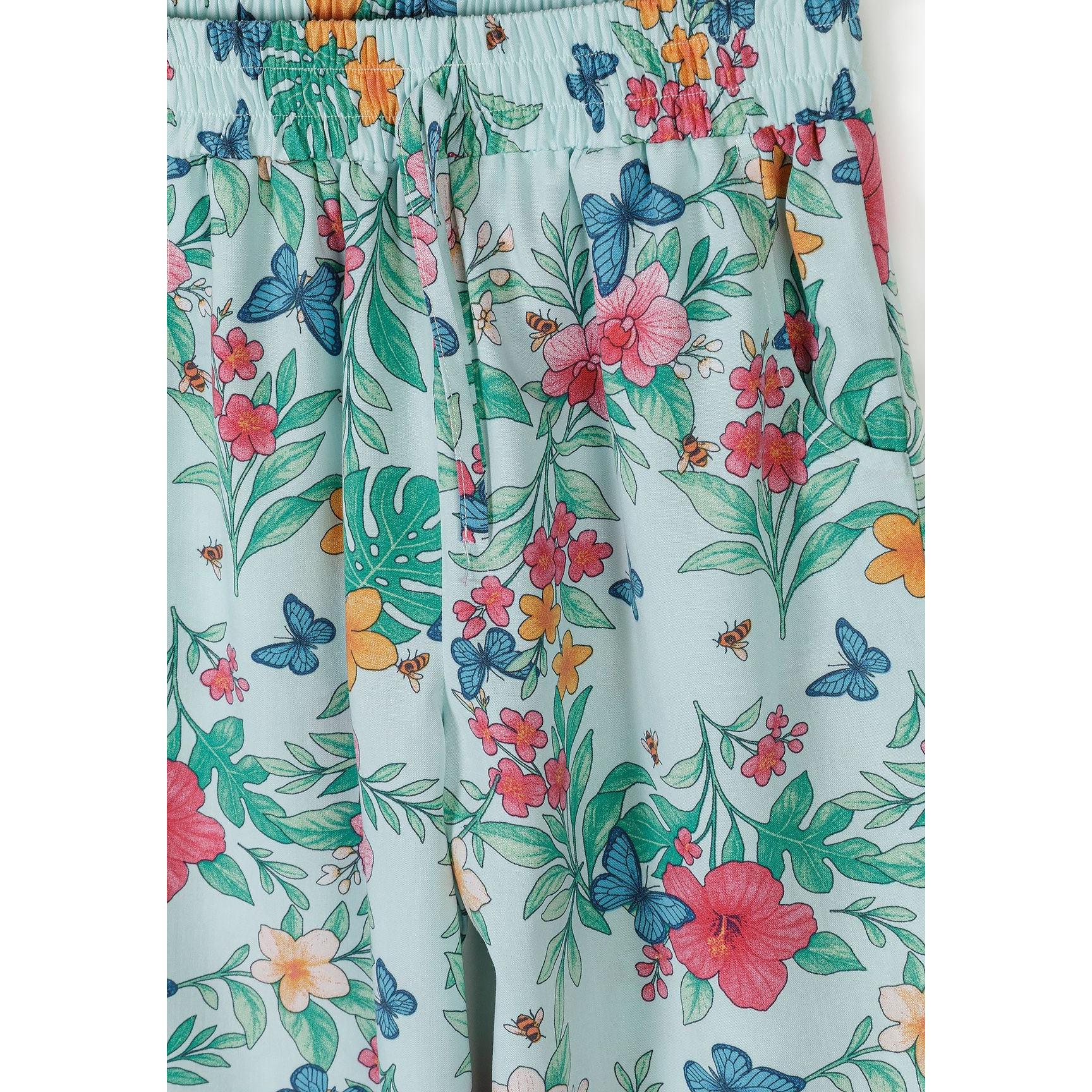 Close-up detail of mint tropical print pattern on wide-leg trousers showing colorful hibiscus flowers, butterflies and tropical leaves