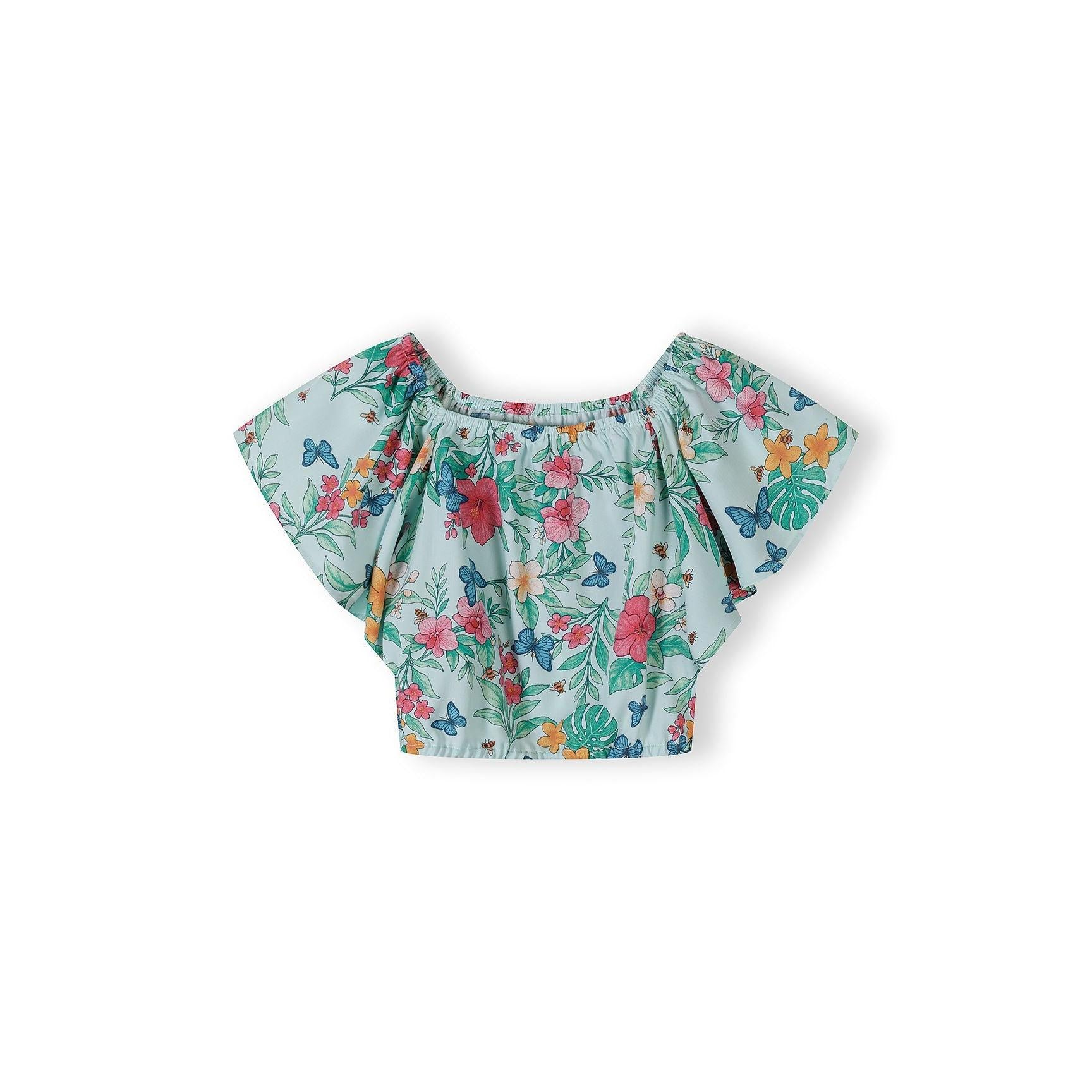 Mint tropical print flutter sleeve top laid flat showing hibiscus flowers and butterfly pattern on soft viscose fabric