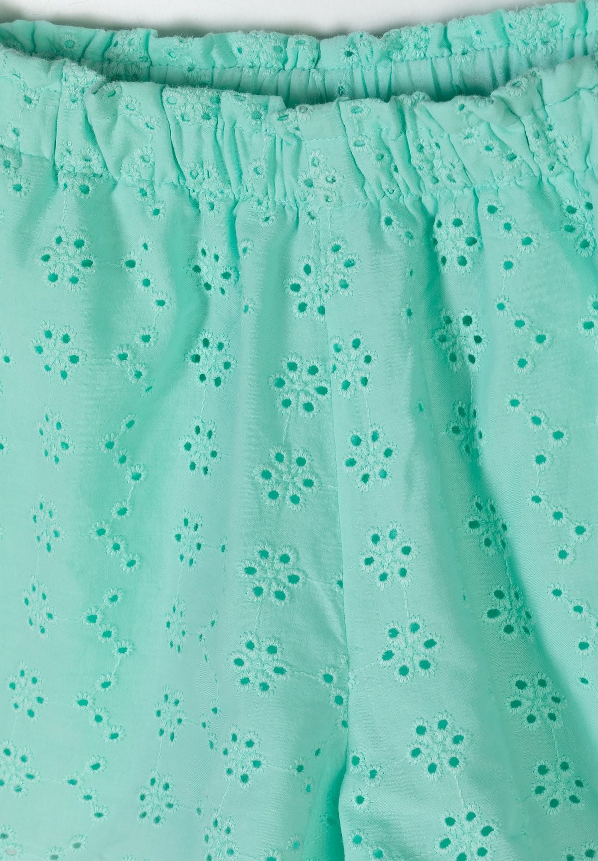 Close-up detail of mint green fabric showing delicate broderie anglaise embroidery pattern with small circular cutout designs