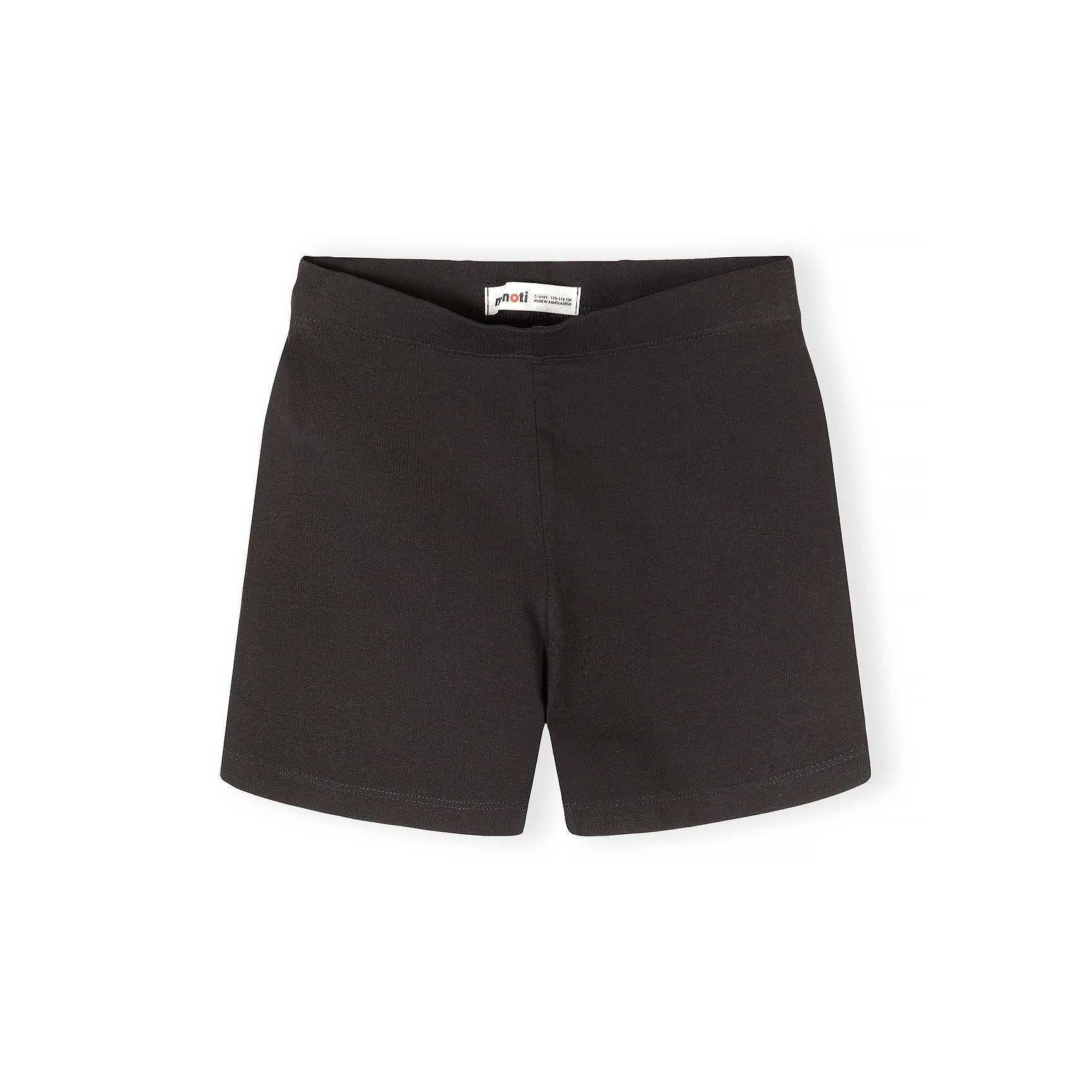 Single black cycling shorts with Minoti label clearly visible showing comfortable fit and quality construction on white background