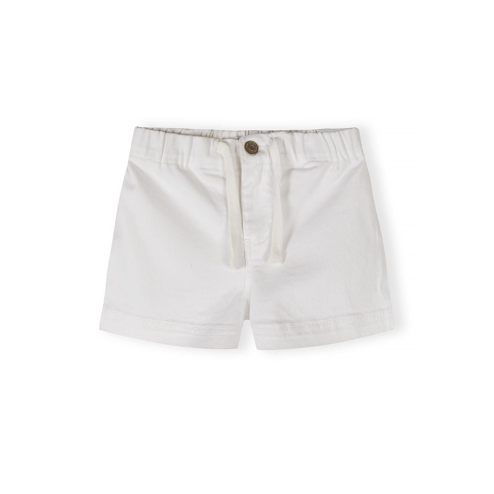 Single beige twill shorts with white drawstring ties and button fastening, shown flat on white background with rolled cuffs visible