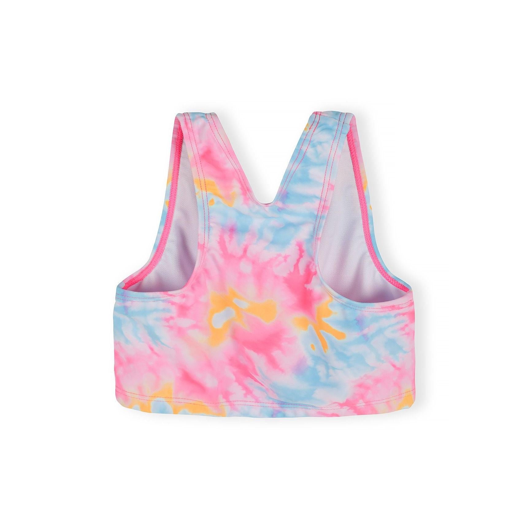 Tie-dye bikini bottom with ruffled side details in matching pink and blue pattern, shown from back view on white background