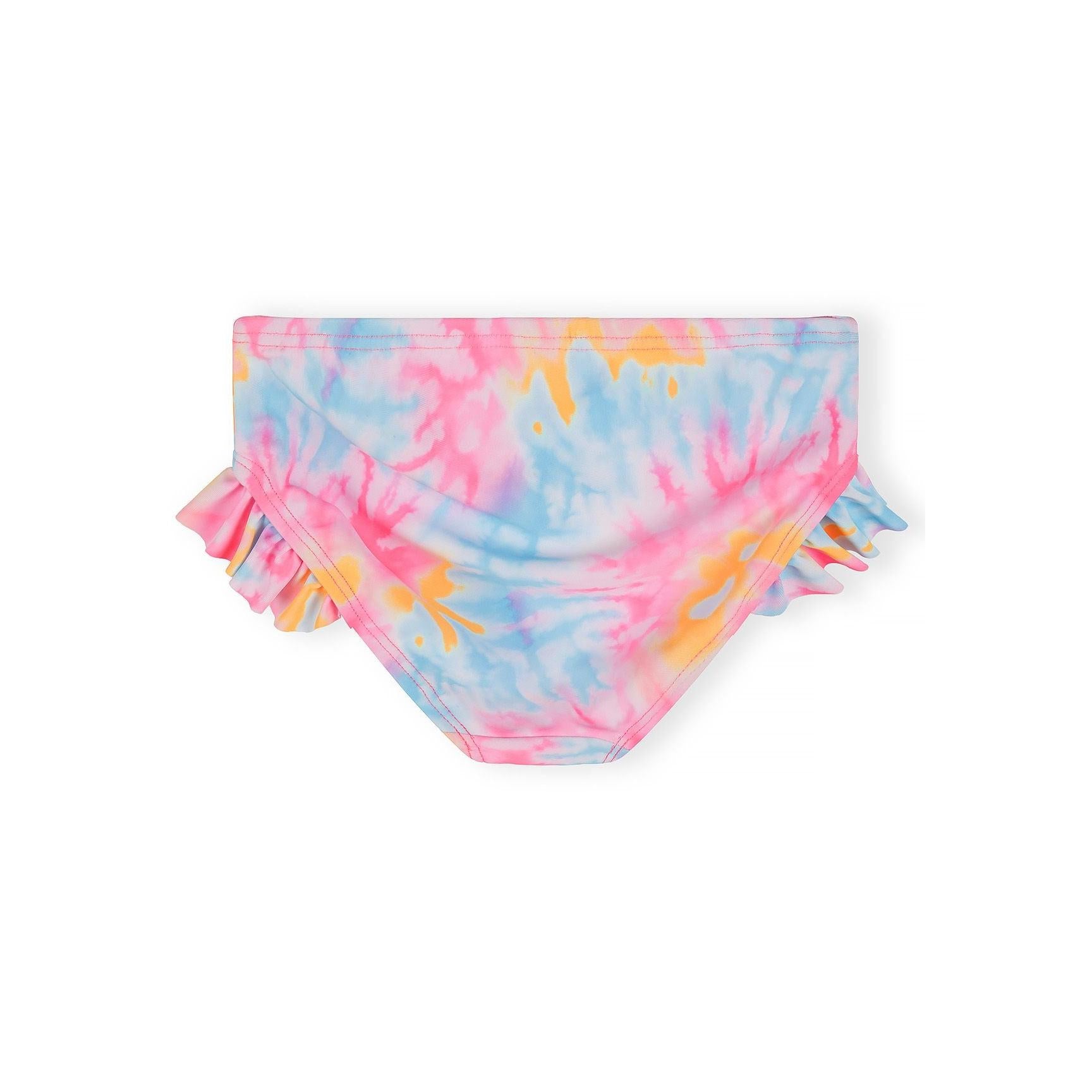 Tie-dye bikini bottom with ruffled side details in matching pink and blue pattern, shown from back view on white background