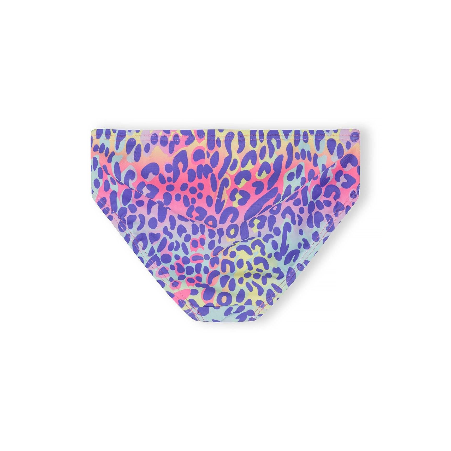 Back view of purple leopard print swim briefs displaying the full animal print pattern with pink and purple tones on white background