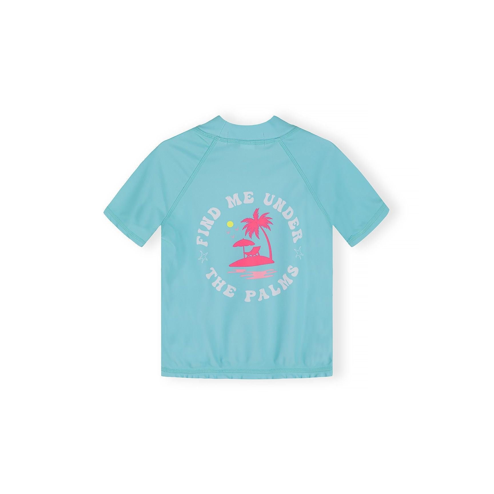 Close-up detail of aqua blue swim t-shirt showing small white palm tree embroidered logo on chest area