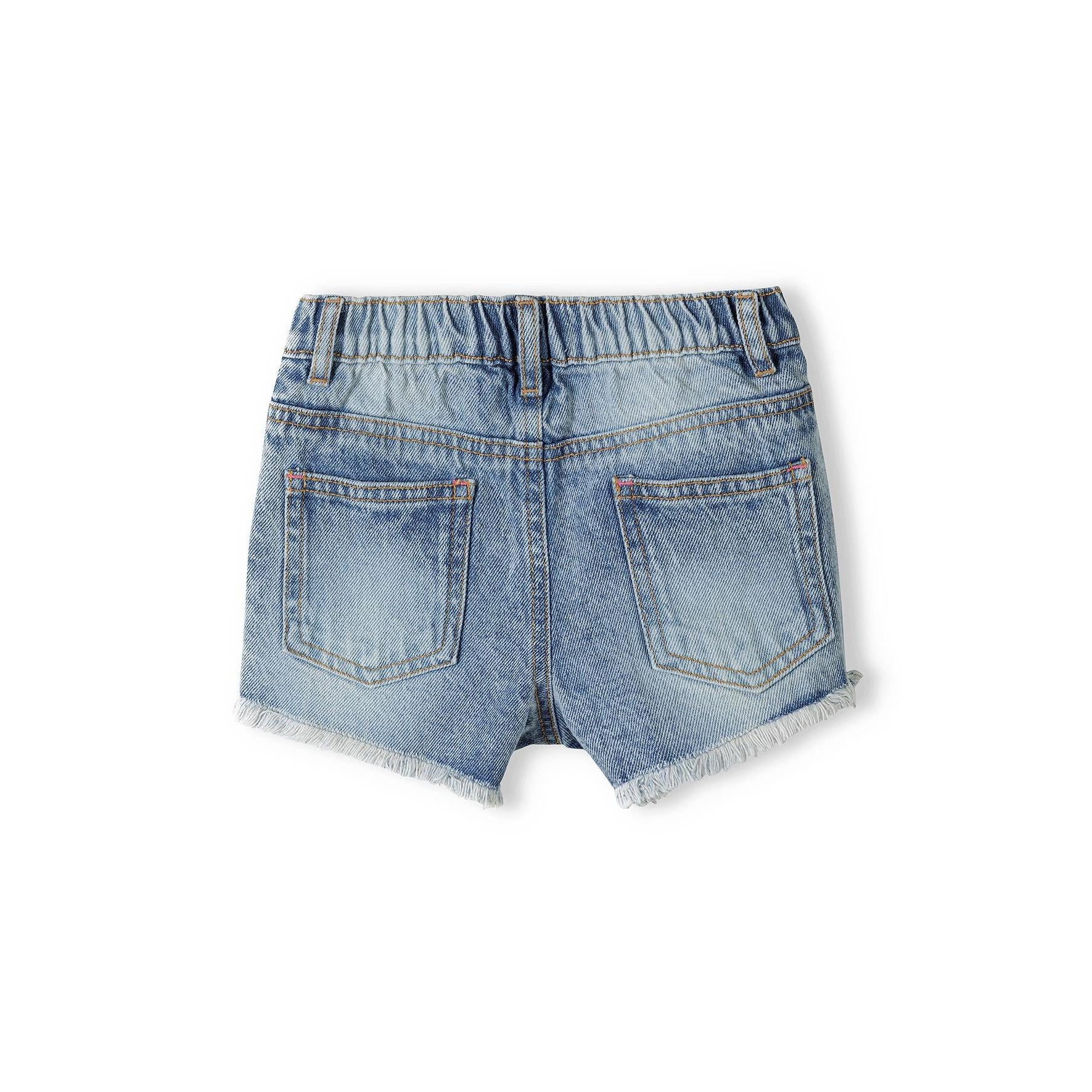 Back view of light blue denim shorts showing two back pockets with orange stitching and frayed hemlines on white background