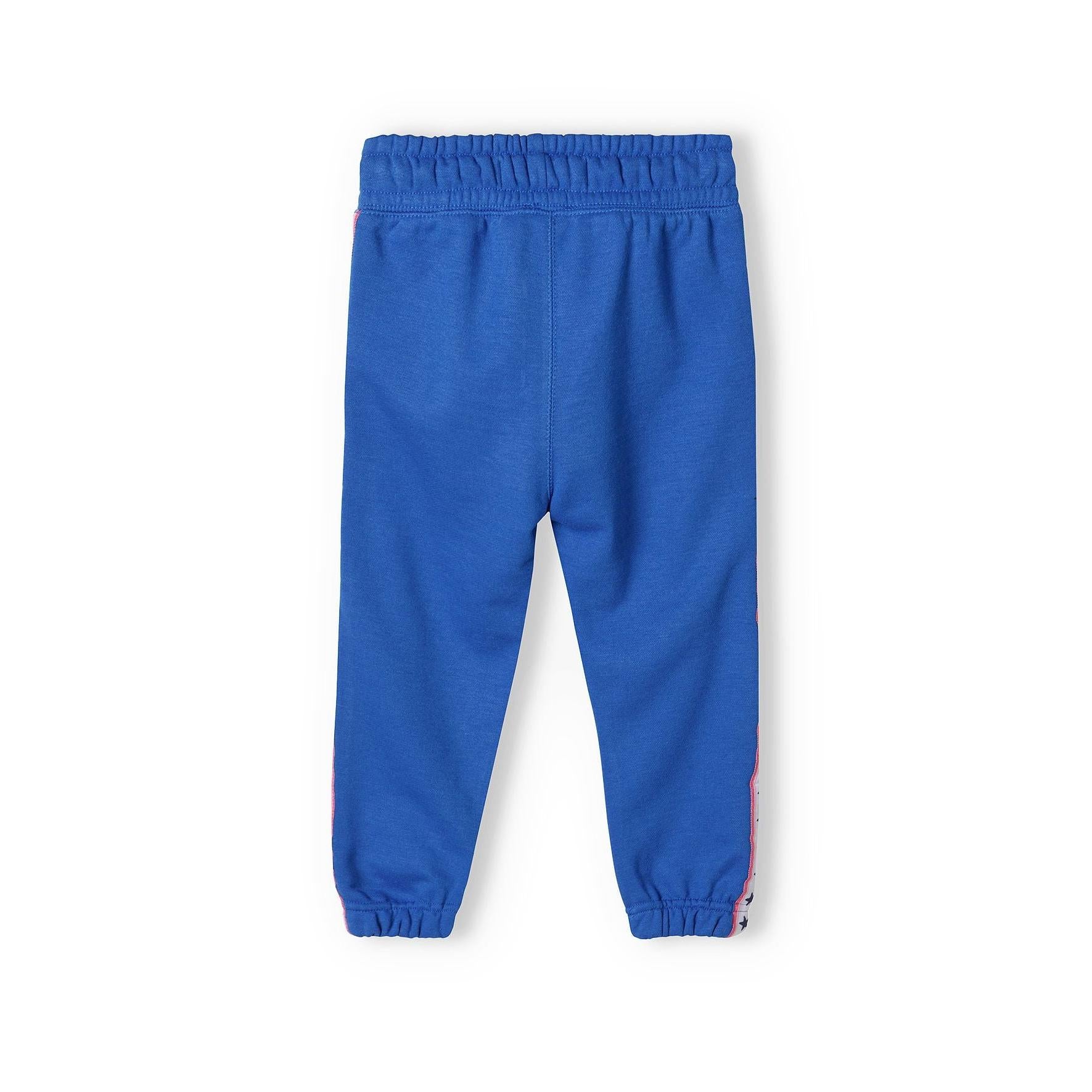 Blue fleece joggers laid flat showing elastic waistband and cuffed ankles against white background