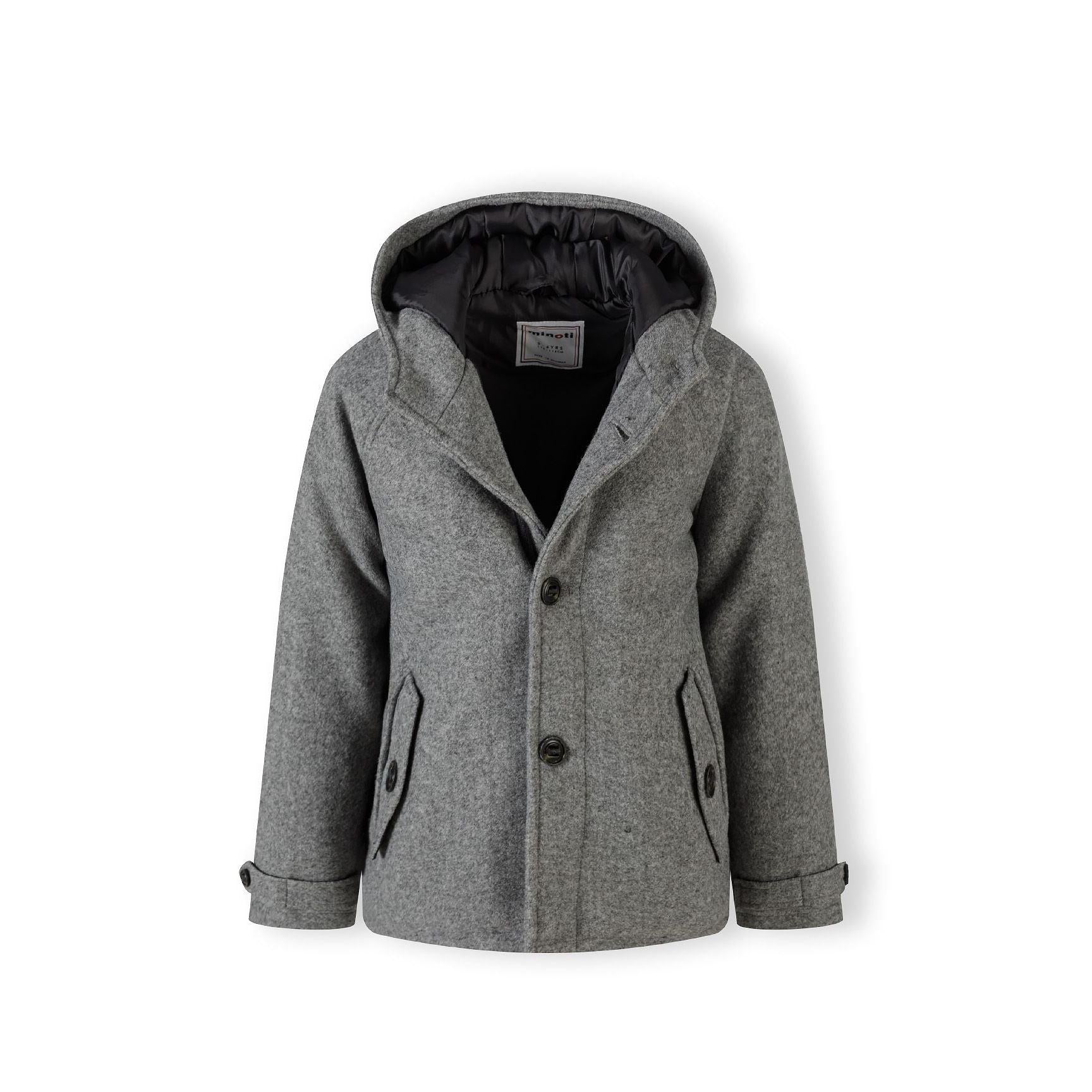 Close-up detail of grey coat showing front pocket with button closure and fabric texture of the wool-blend material