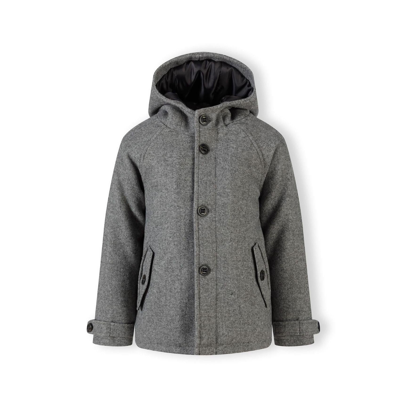 Back view of grey hooded coat laid flat showing the clean design, hood construction and overall silhouette against white background