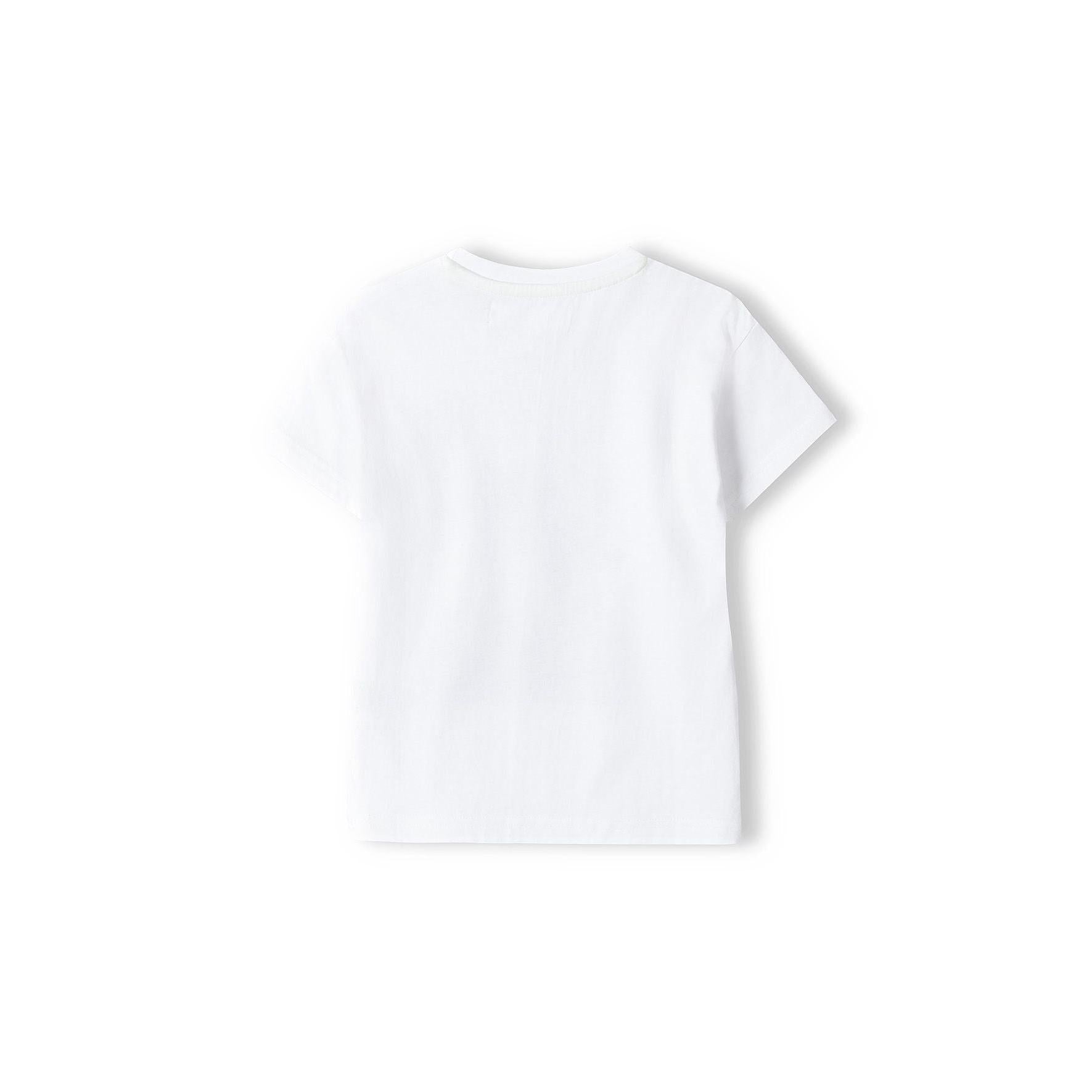 Back view of white t-shirt showing plain design without prints, displaying crew neck and short sleeve construction