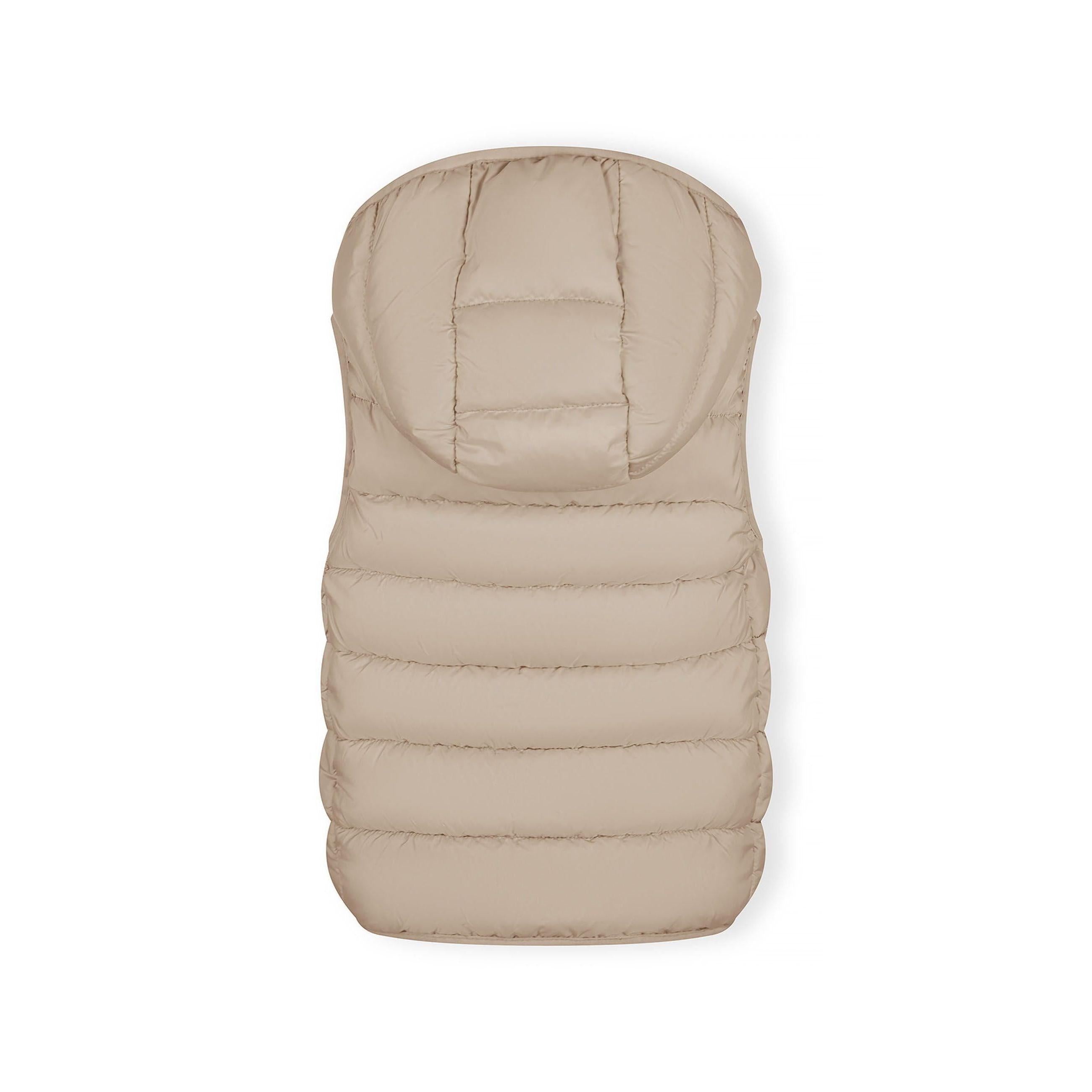 Flat lay of beige quilted gilet showing horizontal quilting pattern and overall silhouette on white background