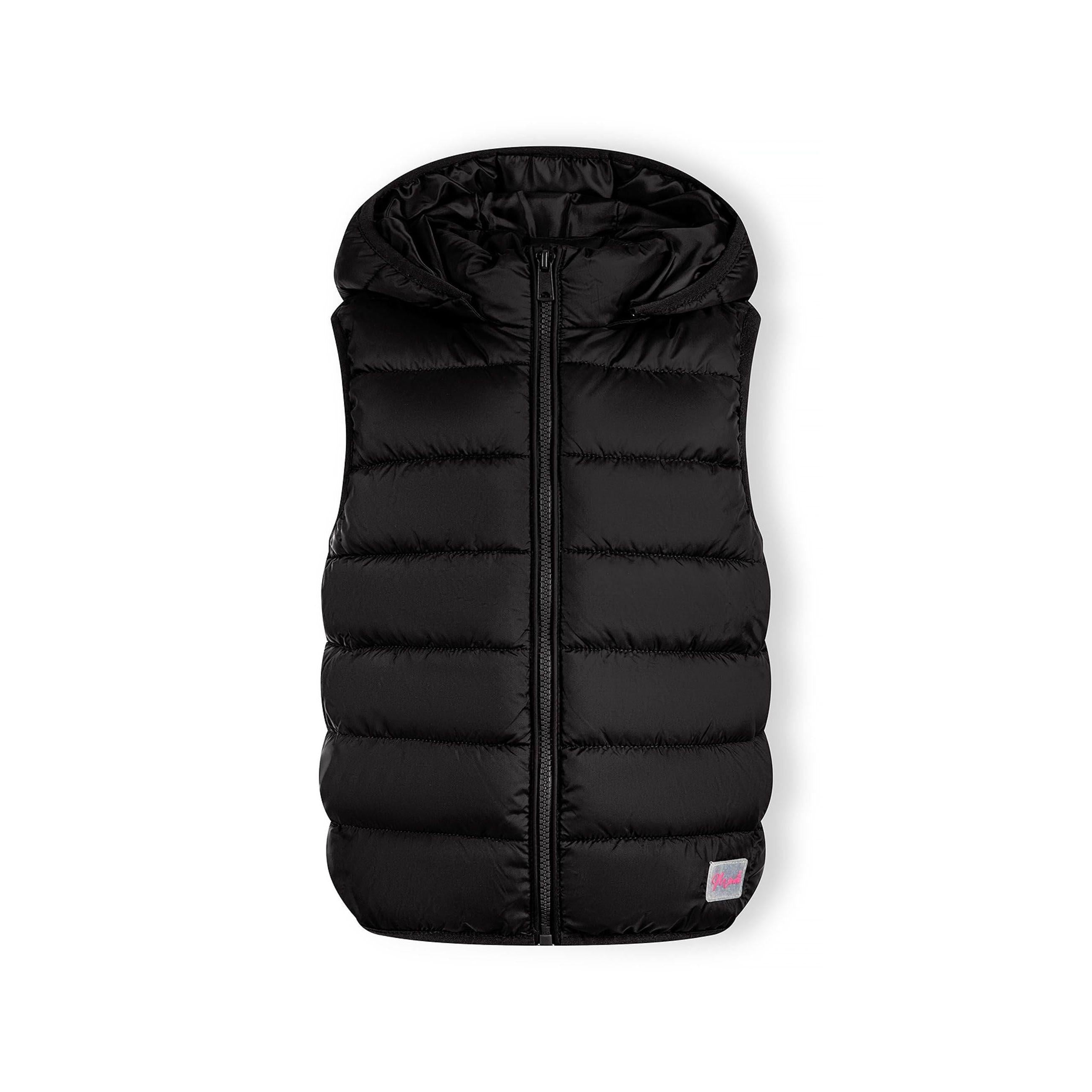 Black quilted gilet laid flat showing detachable hood, full zip front, Minoti label inside collar, and small logo patch at bottom hem