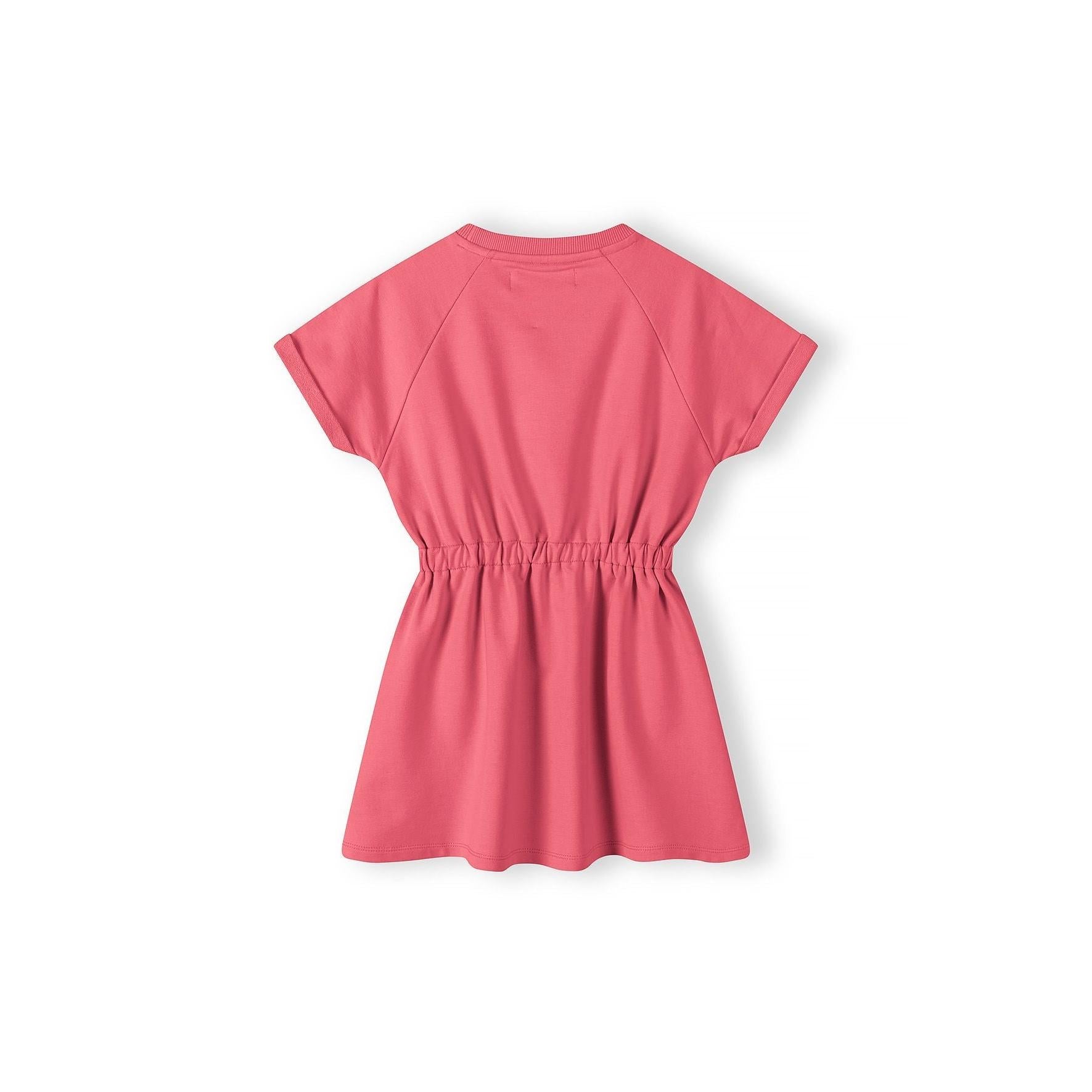 Pink fleece dress laid flat showing back view, elasticated waist detail, short sleeves against white background