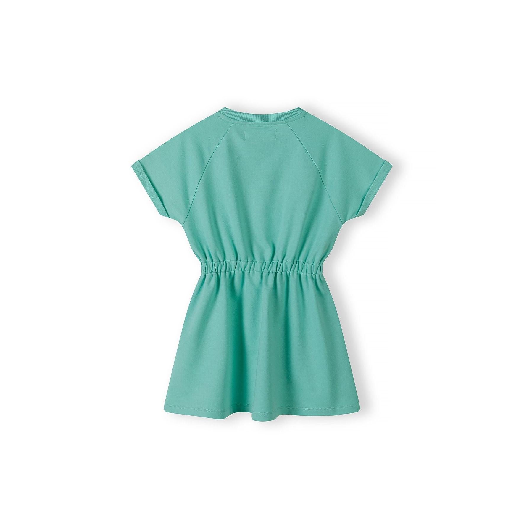 Back view of green fleece dress on white background showing plain back design and gathered waist detail