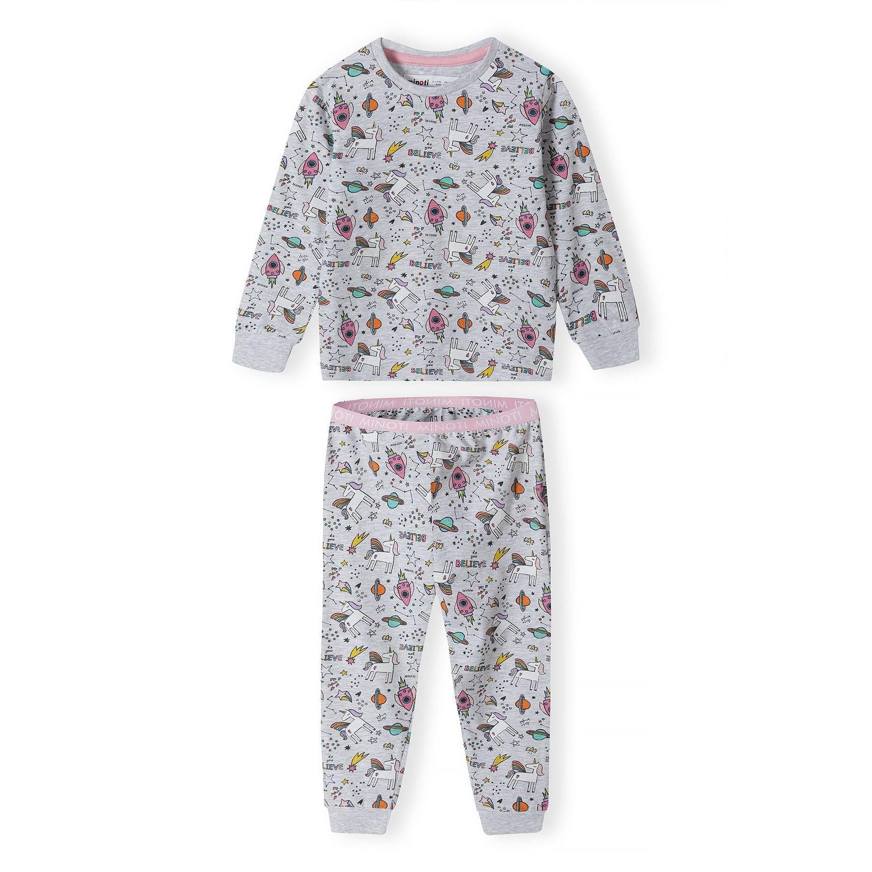 Grey long sleeve pyjama set with unicorn and space print displayed flat on white background showing matching top and jogger bottoms