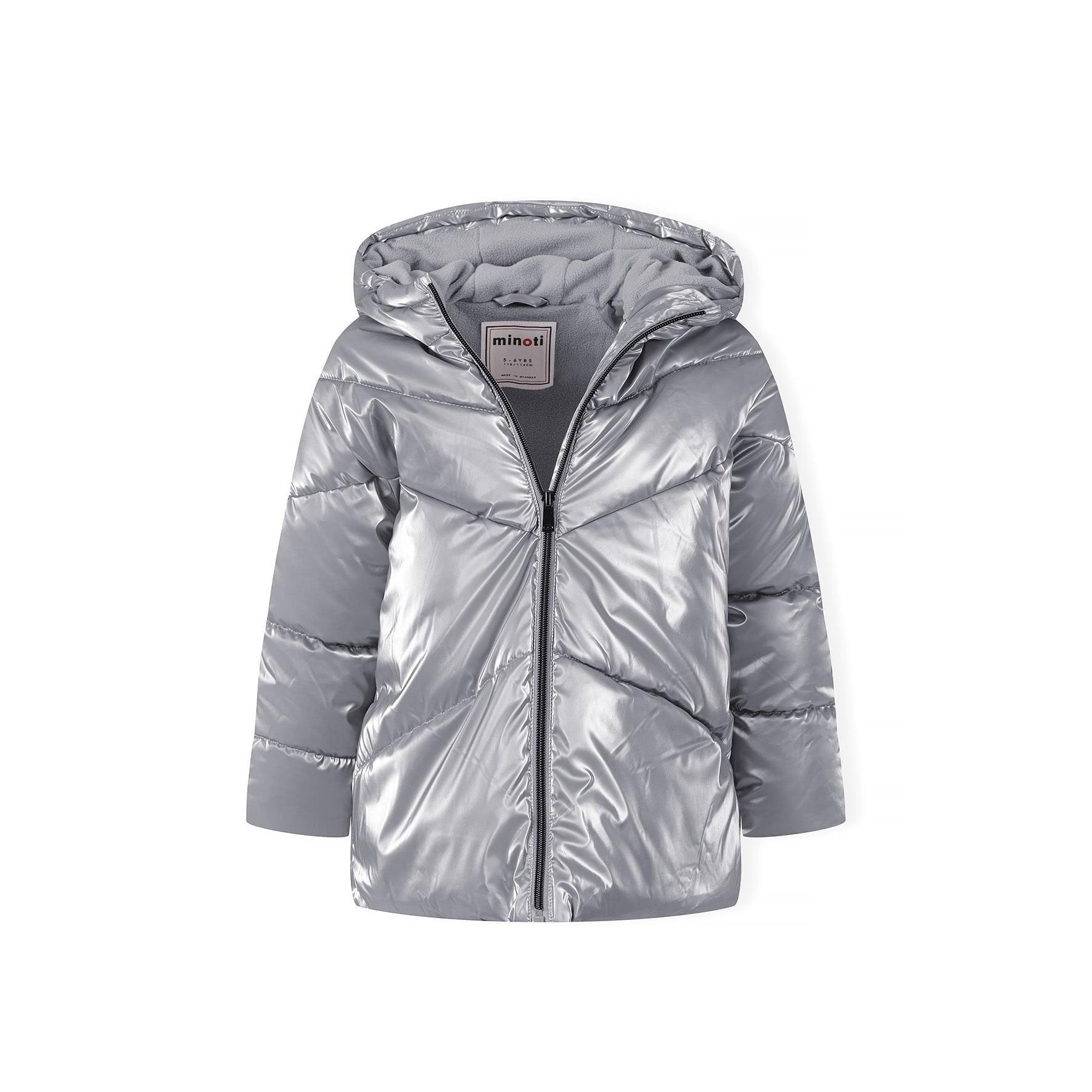 Close-up detail of grey metallic padded jacket showing quilted construction and fabric texture with contrast zip fastening