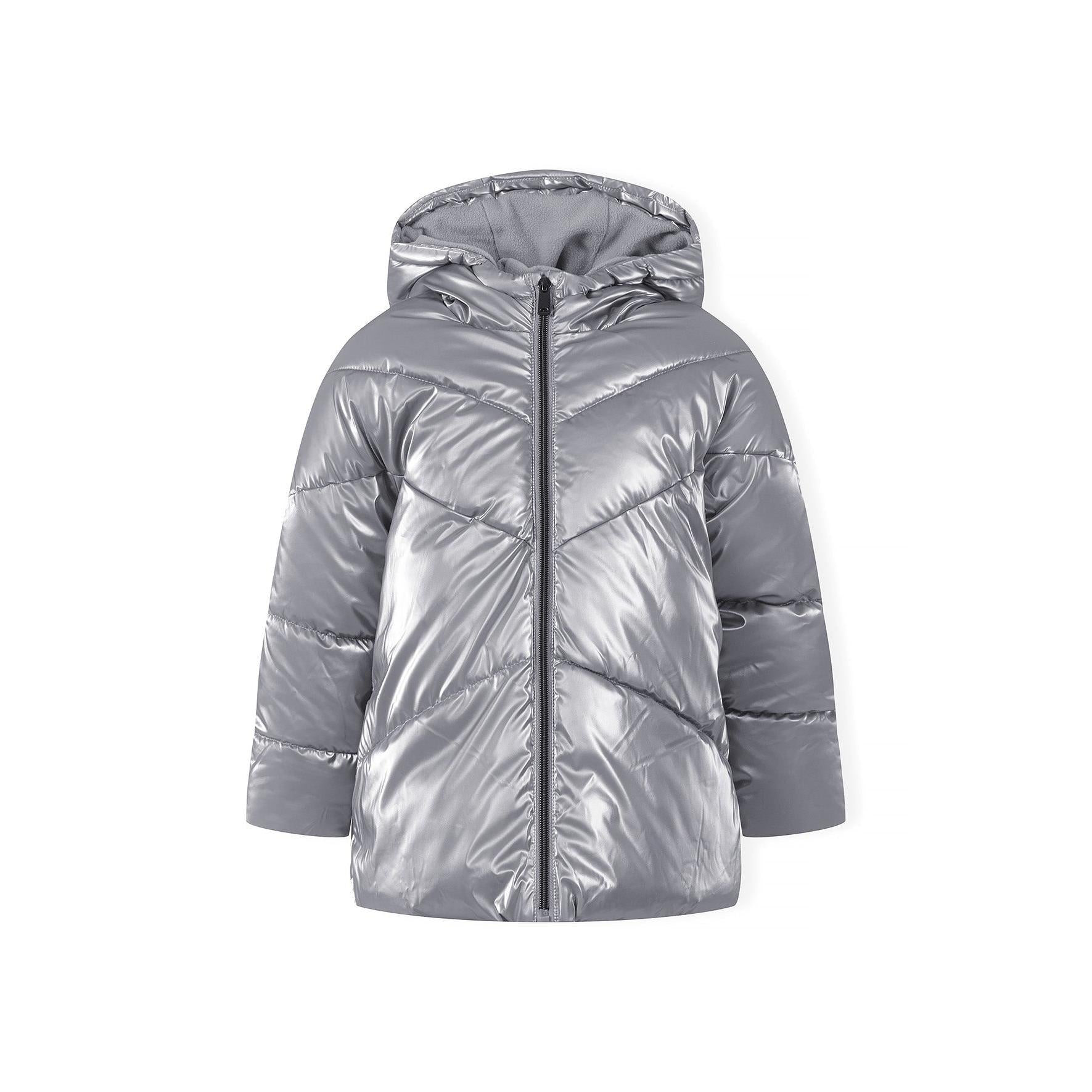 Grey metallic padded jacket with fur-lined hood displayed flat against white background, showing front zip and quilted design