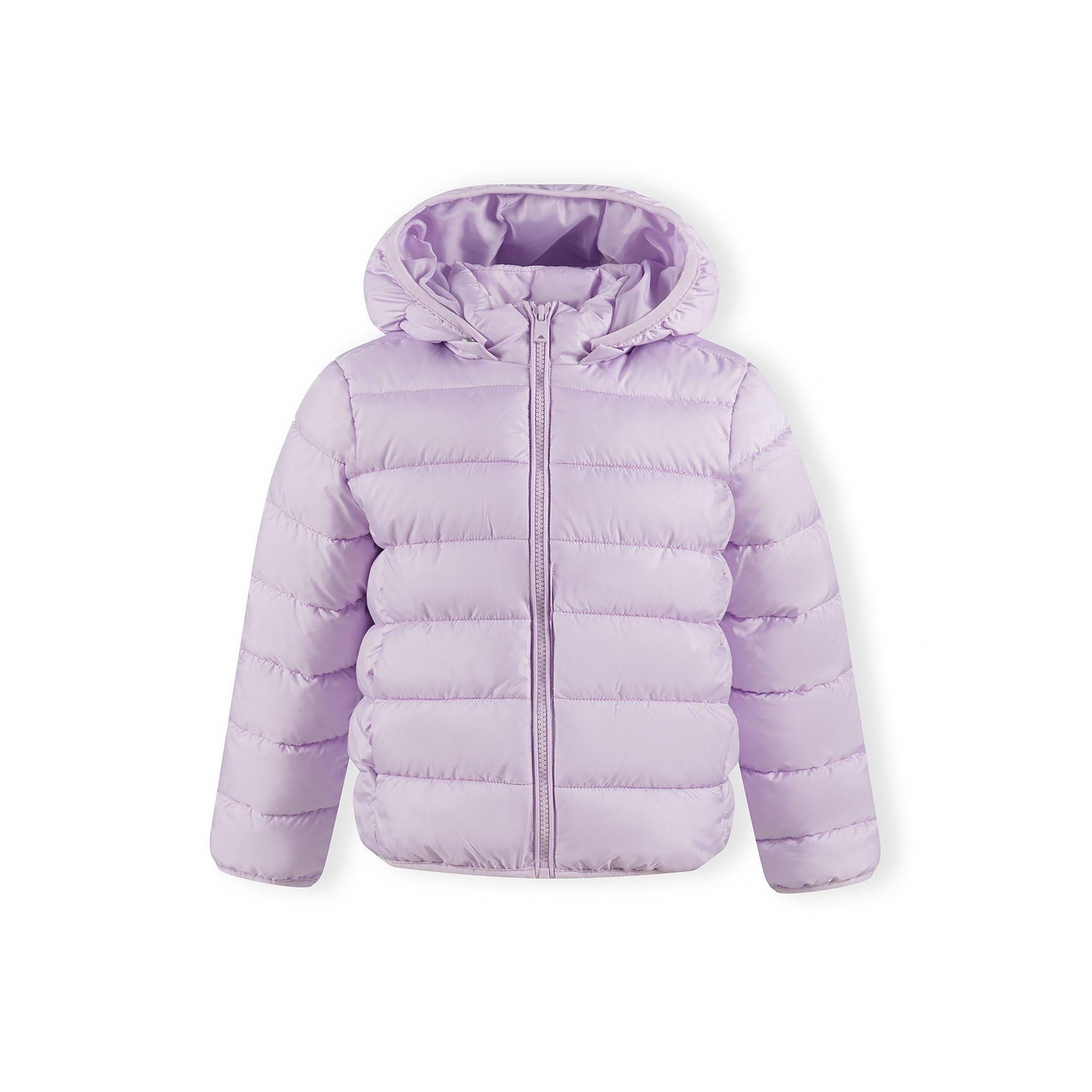 Close-up detail of lilac quilted jacket showing zip closure, quilted texture and hood construction