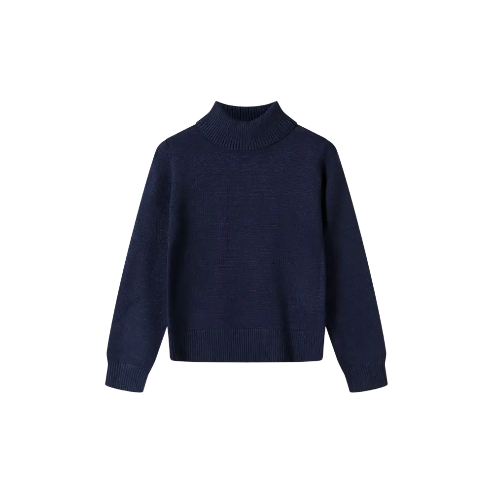 Navy turtleneck jumper laid flat against black background showing ribbed collar detail and fine knit texture, long sleeves visible