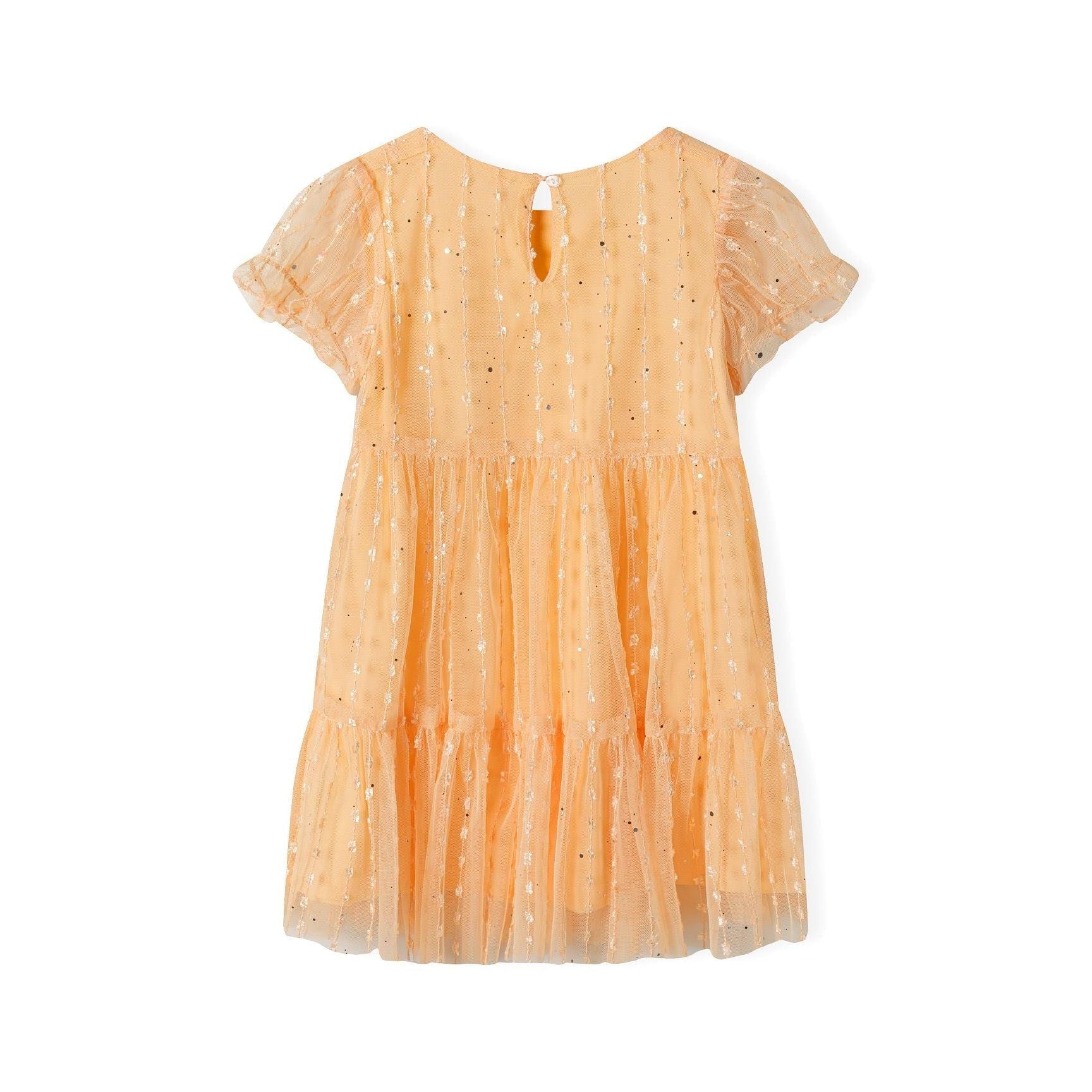Back view of orange sparkle party dress showing keyhole button closure, tiered tulle construction and mesh sleeve details on white background
