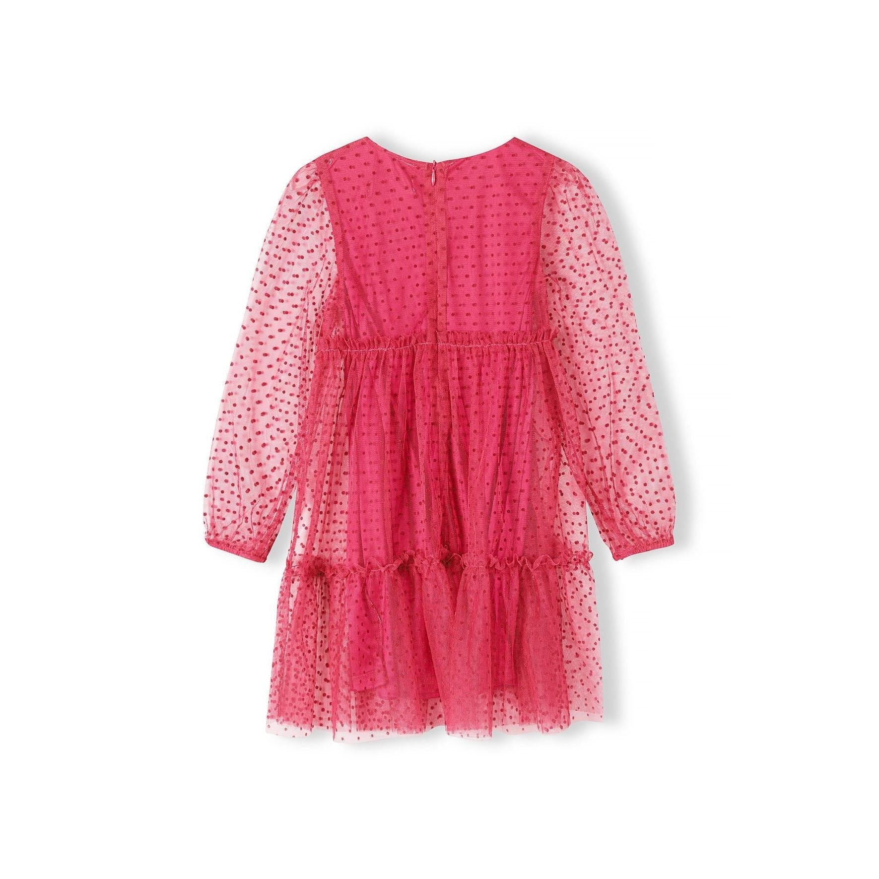Pink flock dotted party dress laid flat showing back view with zip fastening, long balloon sleeves and tiered ruffle skirt on white background