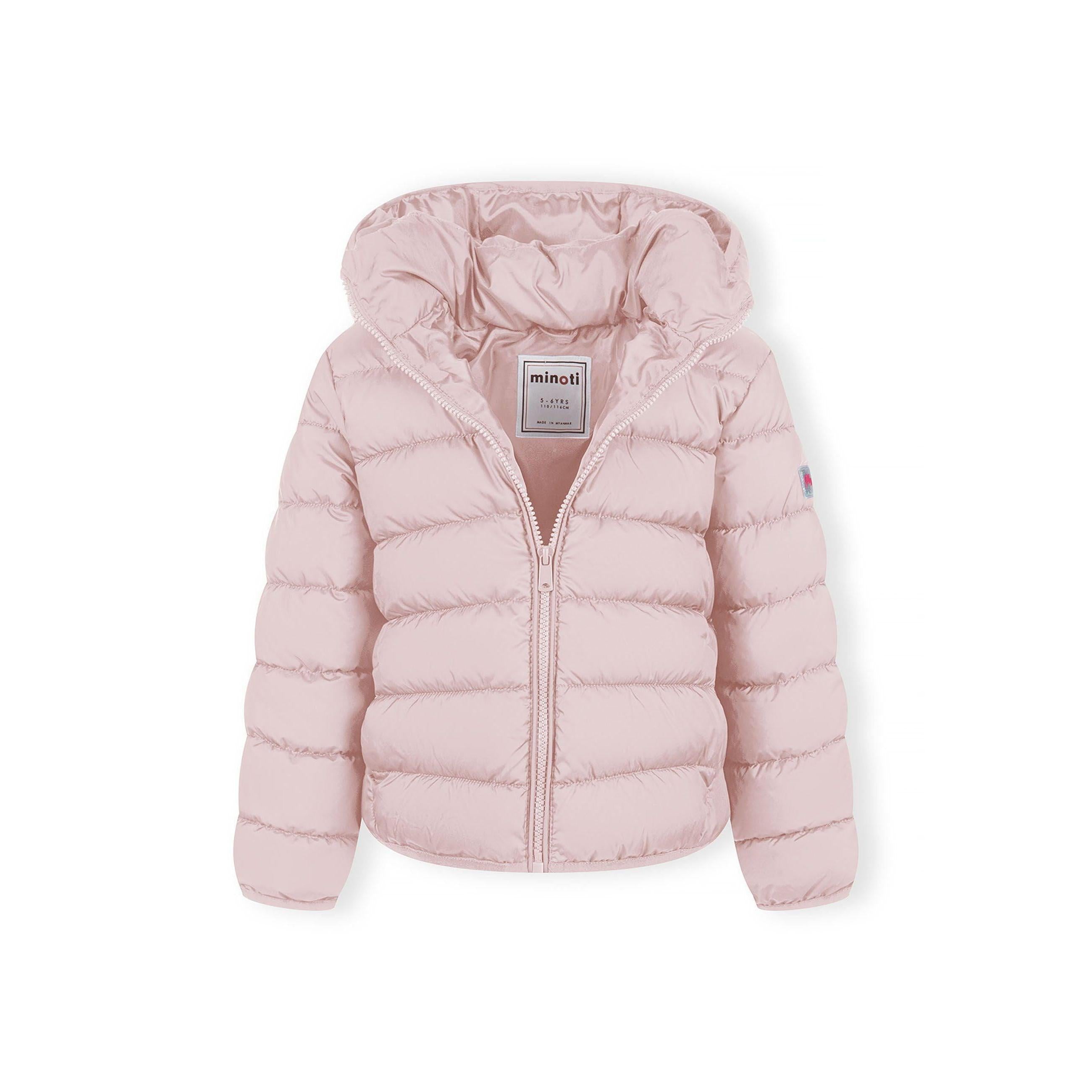 Detail view of pink quilted jacket fabric showing quilted texture, zip fastening and hood attachment