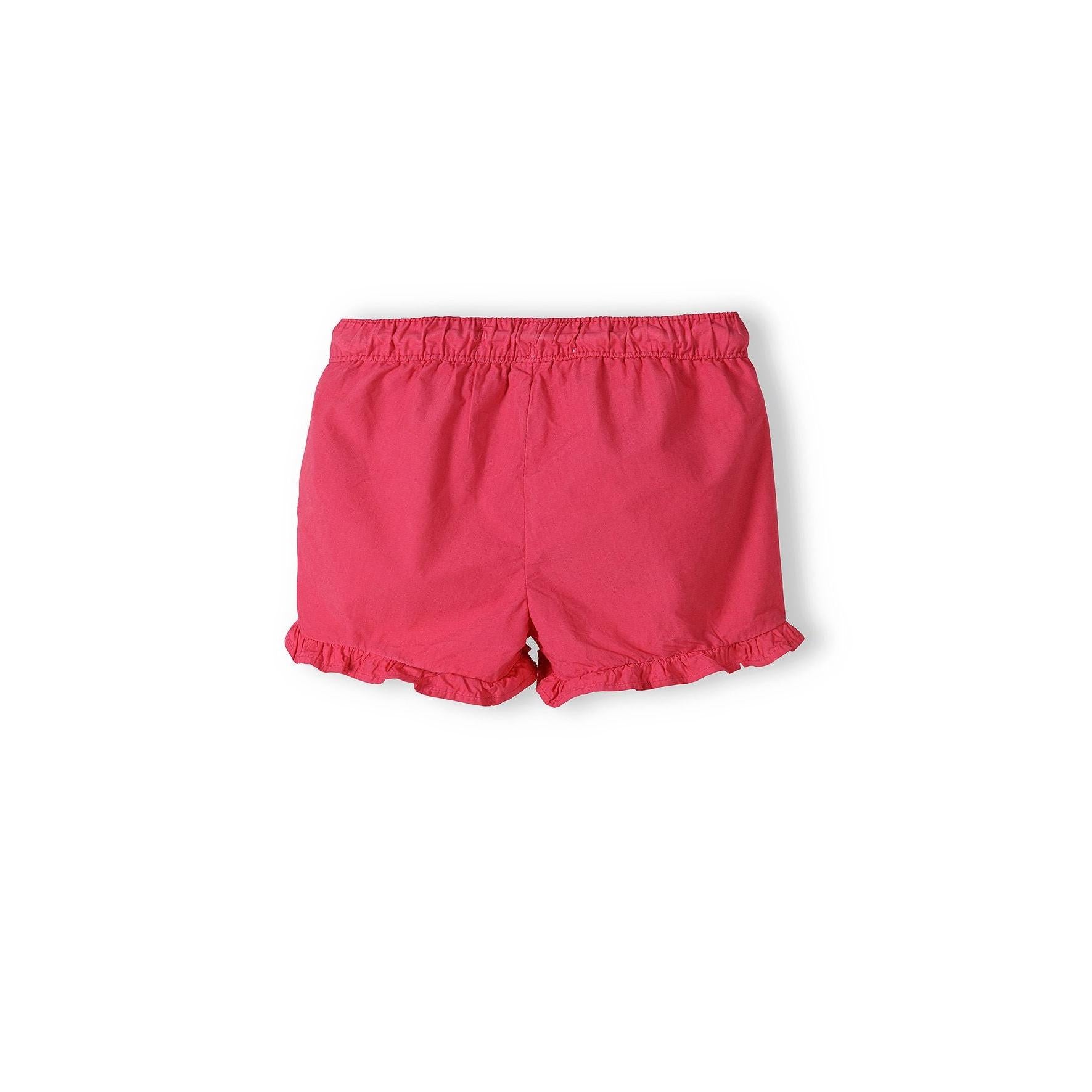 Back view of pink poplin shorts showing elasticated waistband and ruffle hem detail on white background