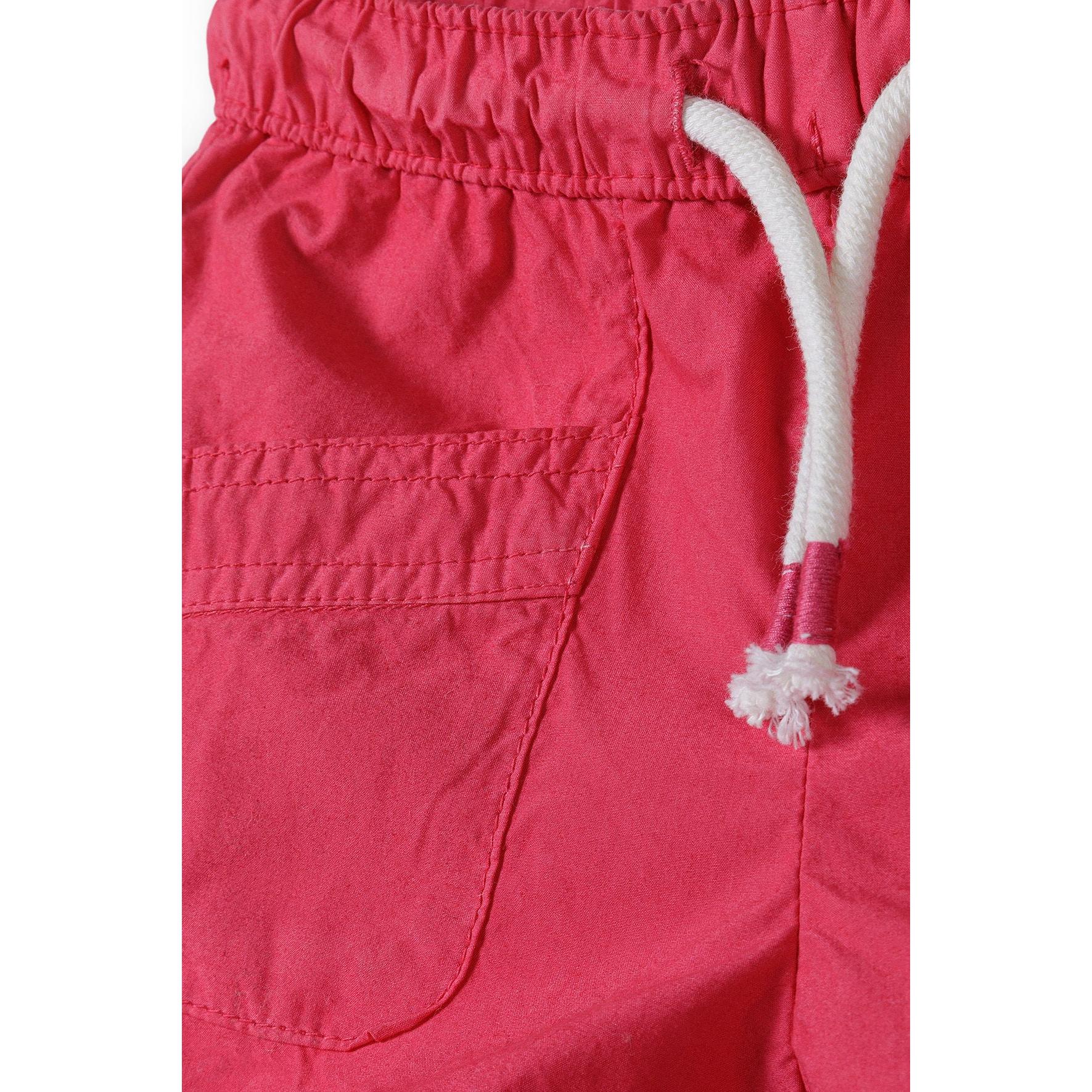 Close-up detail of pink poplin shorts showing elasticated waistband, white drawcord ties and side pocket construction