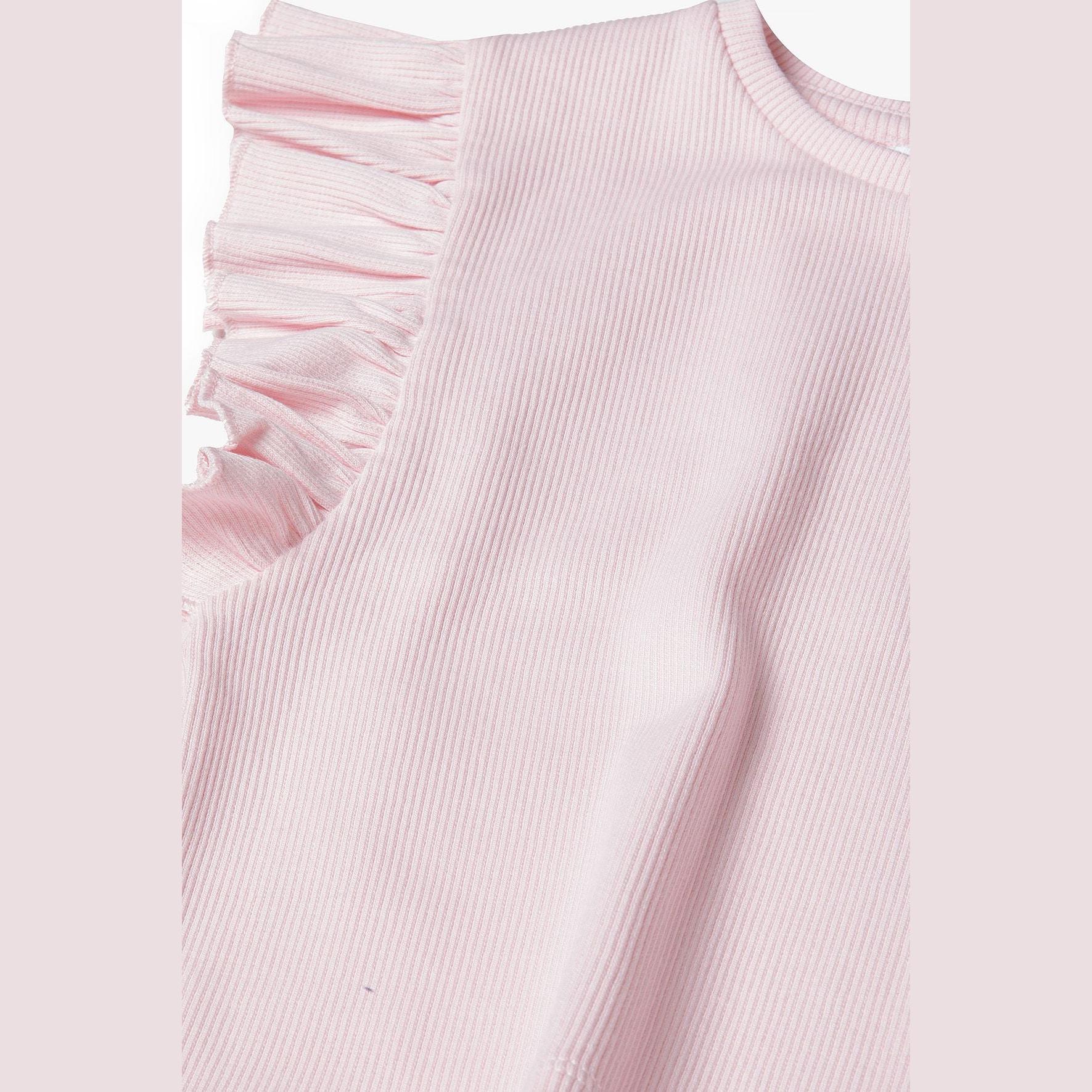 Close-up detail of pink ribbed fabric texture and ruffle sleeve construction showing quality and finish