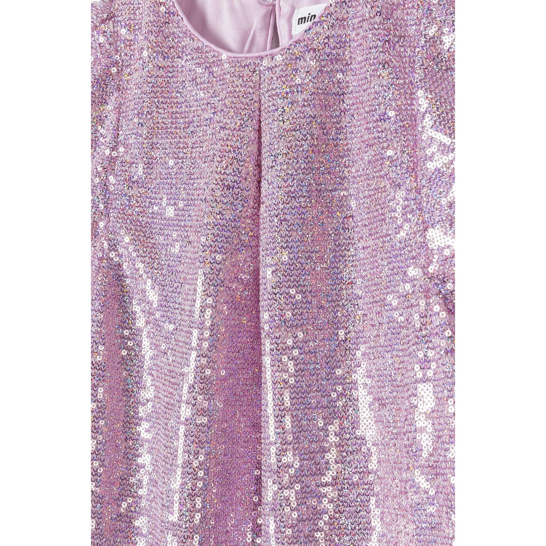 Close-up detail of pink sequins showing dense coverage and sparkly texture with Minoti label visible at neckline