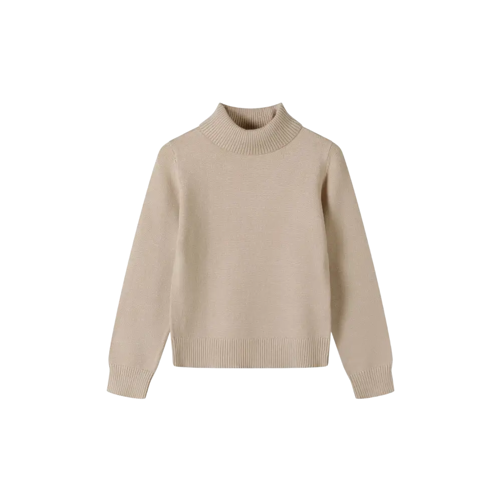 Beige turtleneck jumper laid flat against black background, showing front view with ribbed collar and cuffs detail