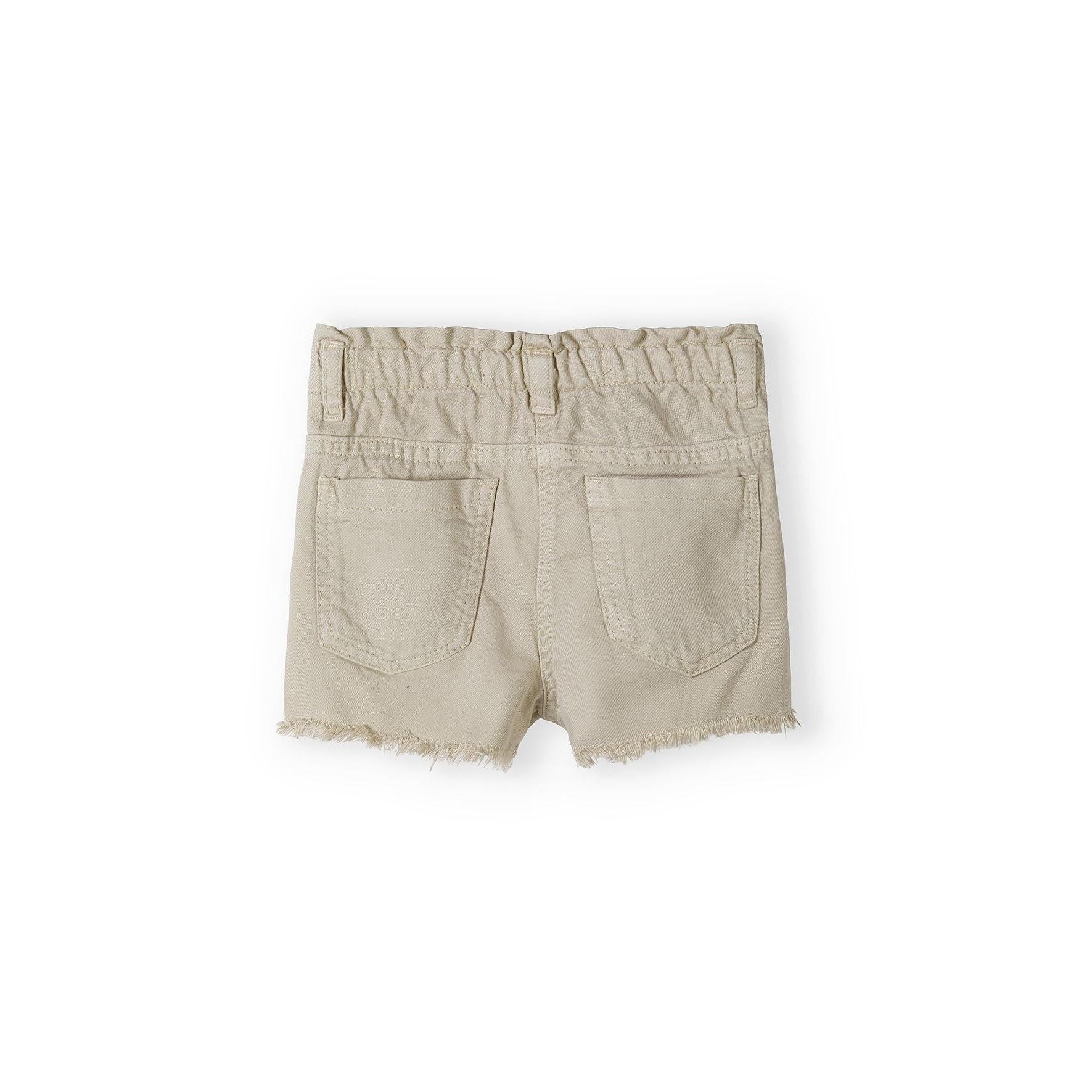 Flat lay of grey twill shorts showing back view with elasticated waist and pocket details on white background