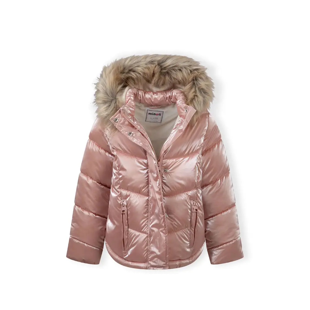 Metallic pink quilted winter jacket laid flat showing Minoti label, faux fur hood trim and full front view