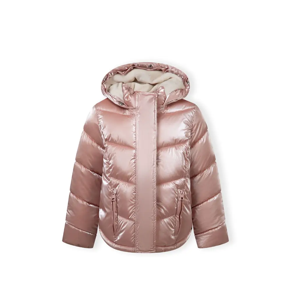 Close-up detail of metallic pink jacket showing zip closure, quilted texture and reflective fabric surface