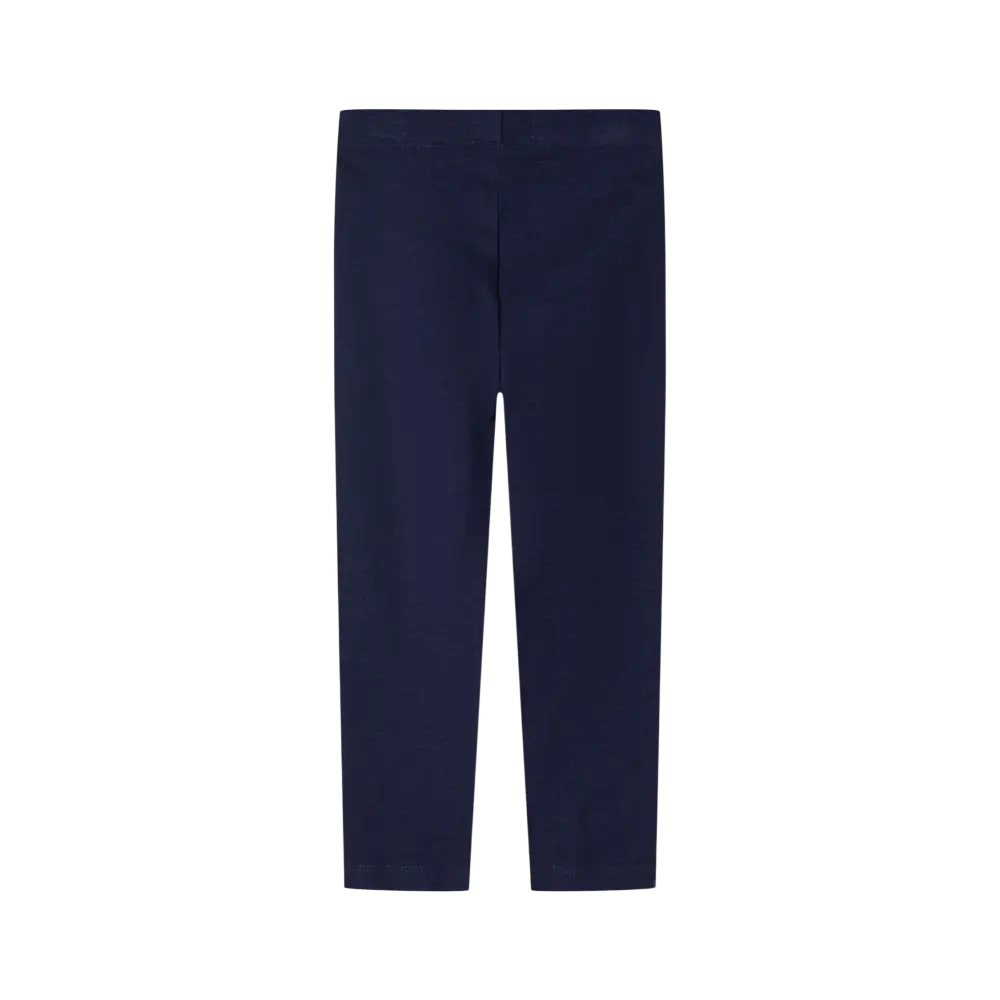 Navy jersey leggings displayed flat showing full length and slim fit silhouette against black background